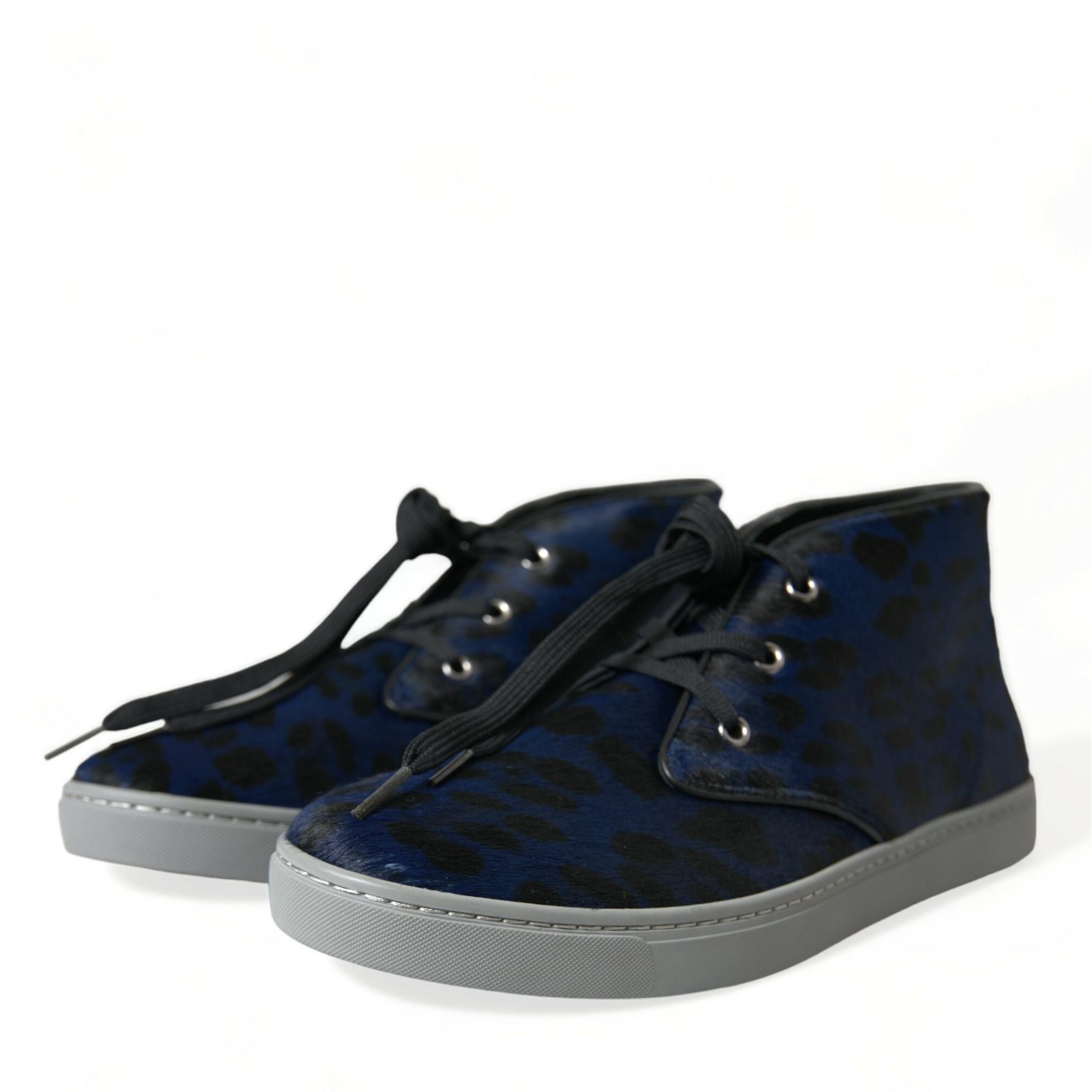 Dolce & Gabbana Blue Calfskin Leopard Mid Top Sneakers Shoes