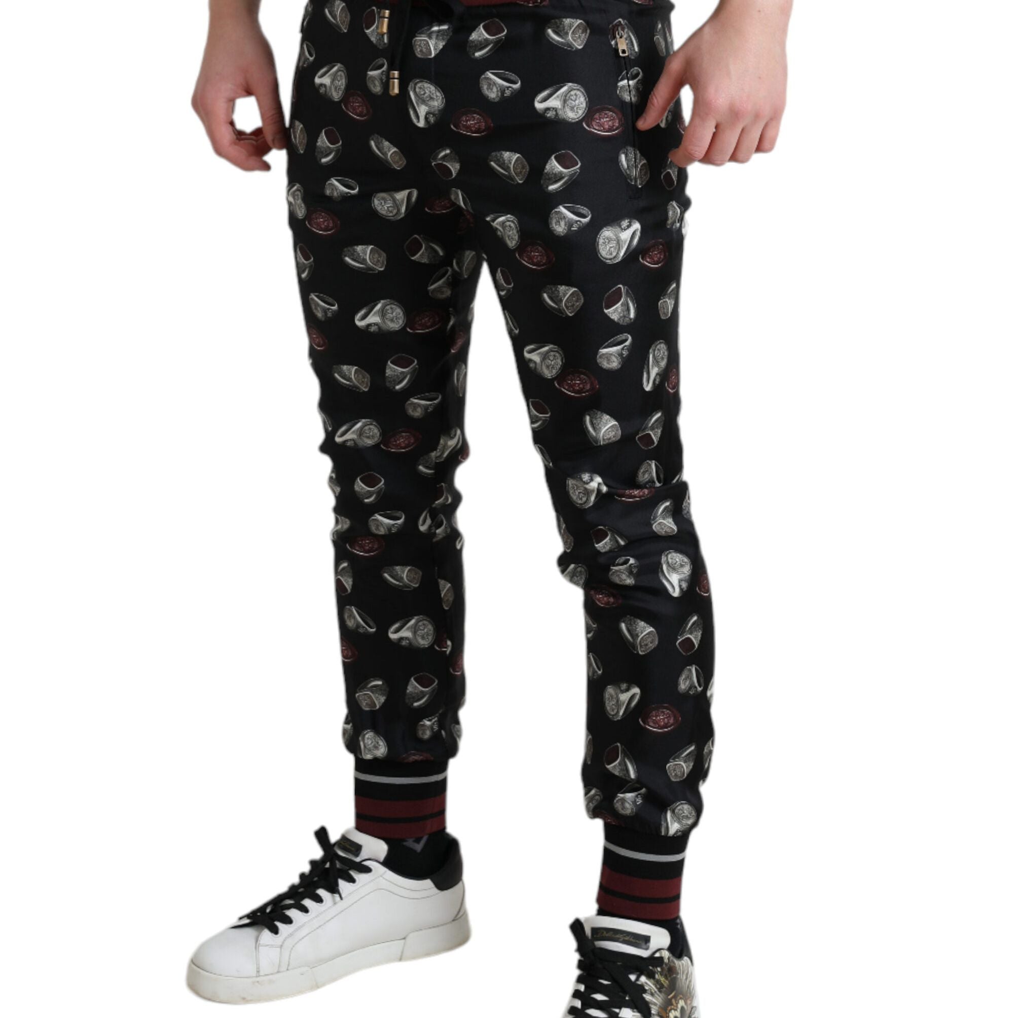 Dolce & Gabbana Black Ring Silk Jogging Trousers Pants