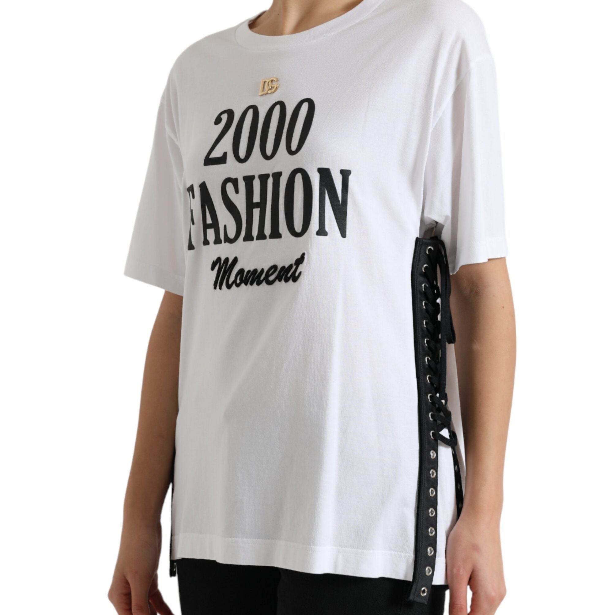 Dolce & Gabbana White Slogan Print Lacing Detailed T-shirt