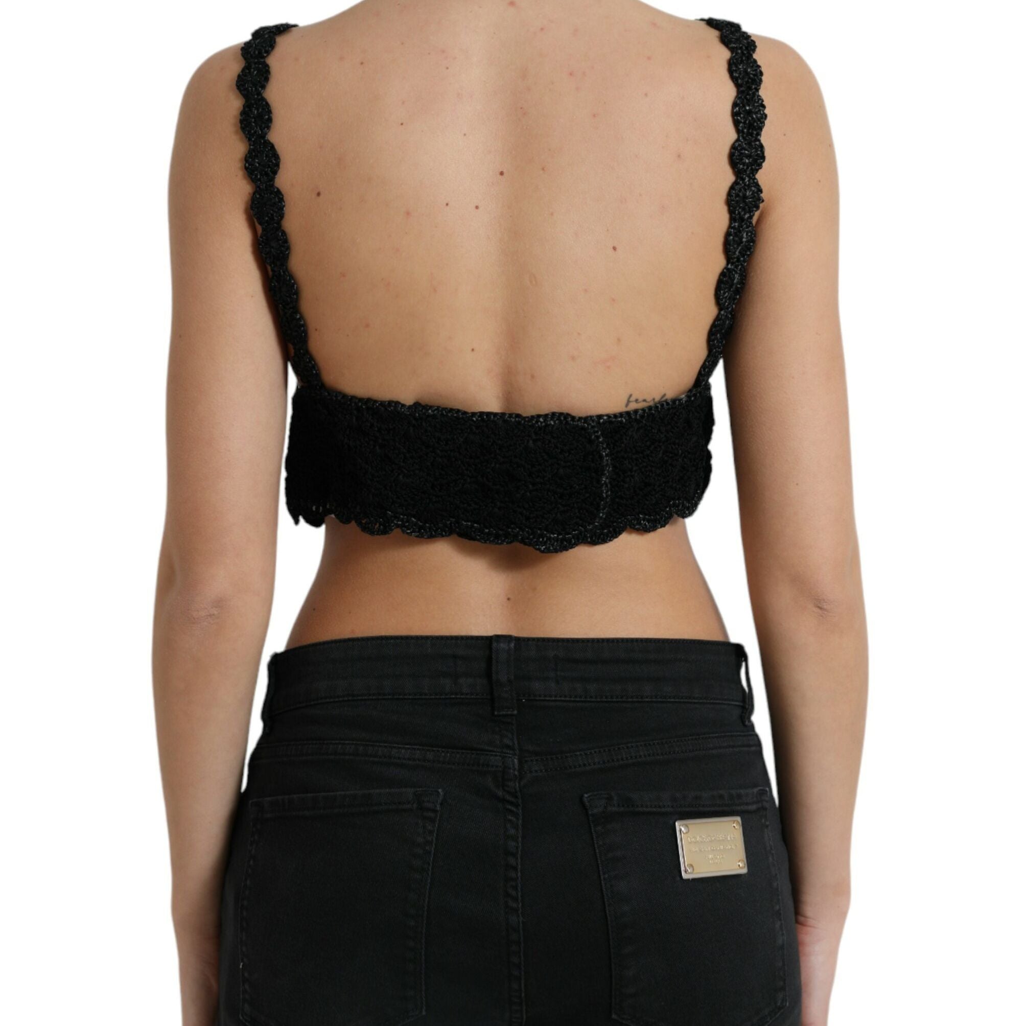 Dolce & Gabbana Black Cotton Bustier Cropped Crochet Tank Top