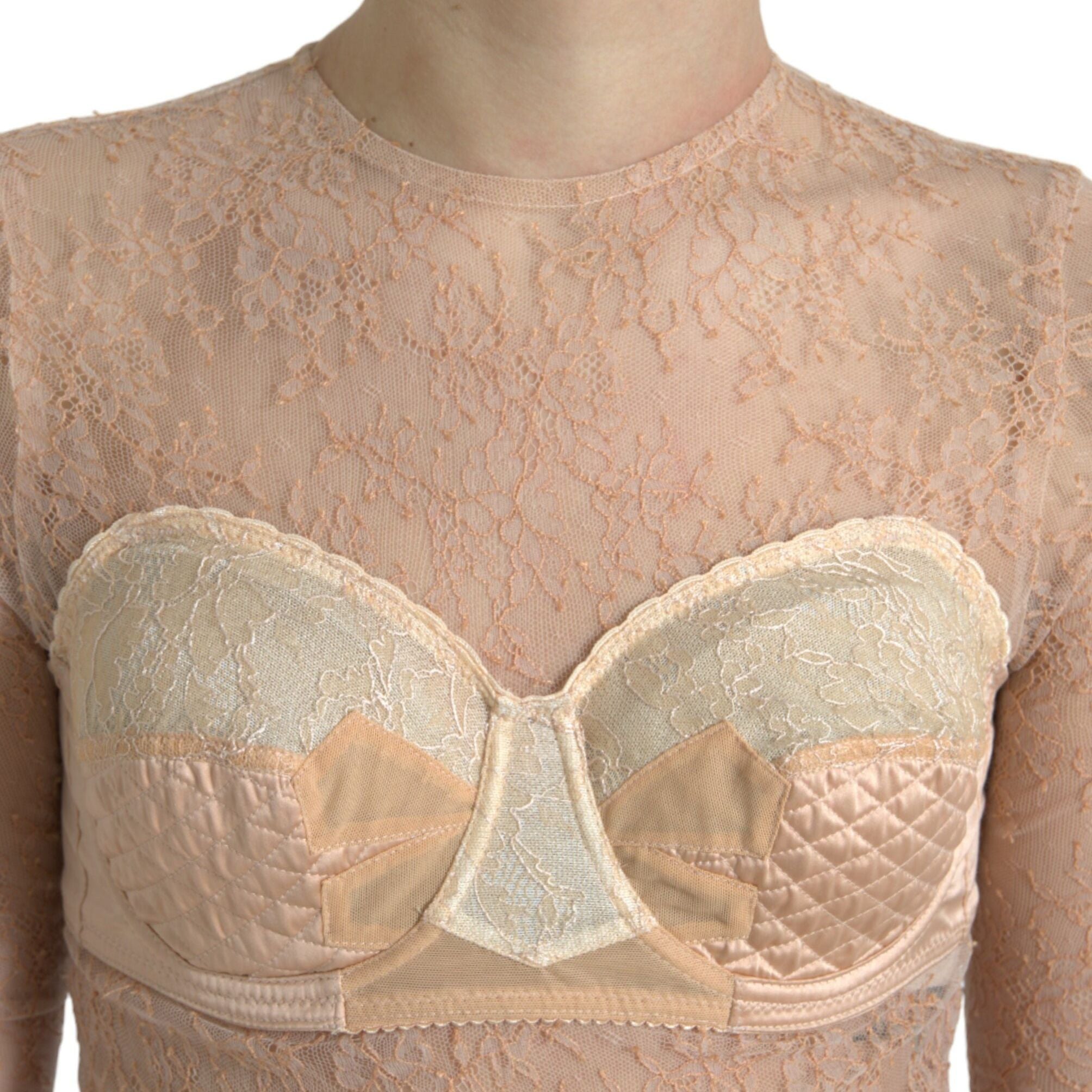 Dolce & Gabbana Beige Nylon Floral Lace Bustier Cropped Top