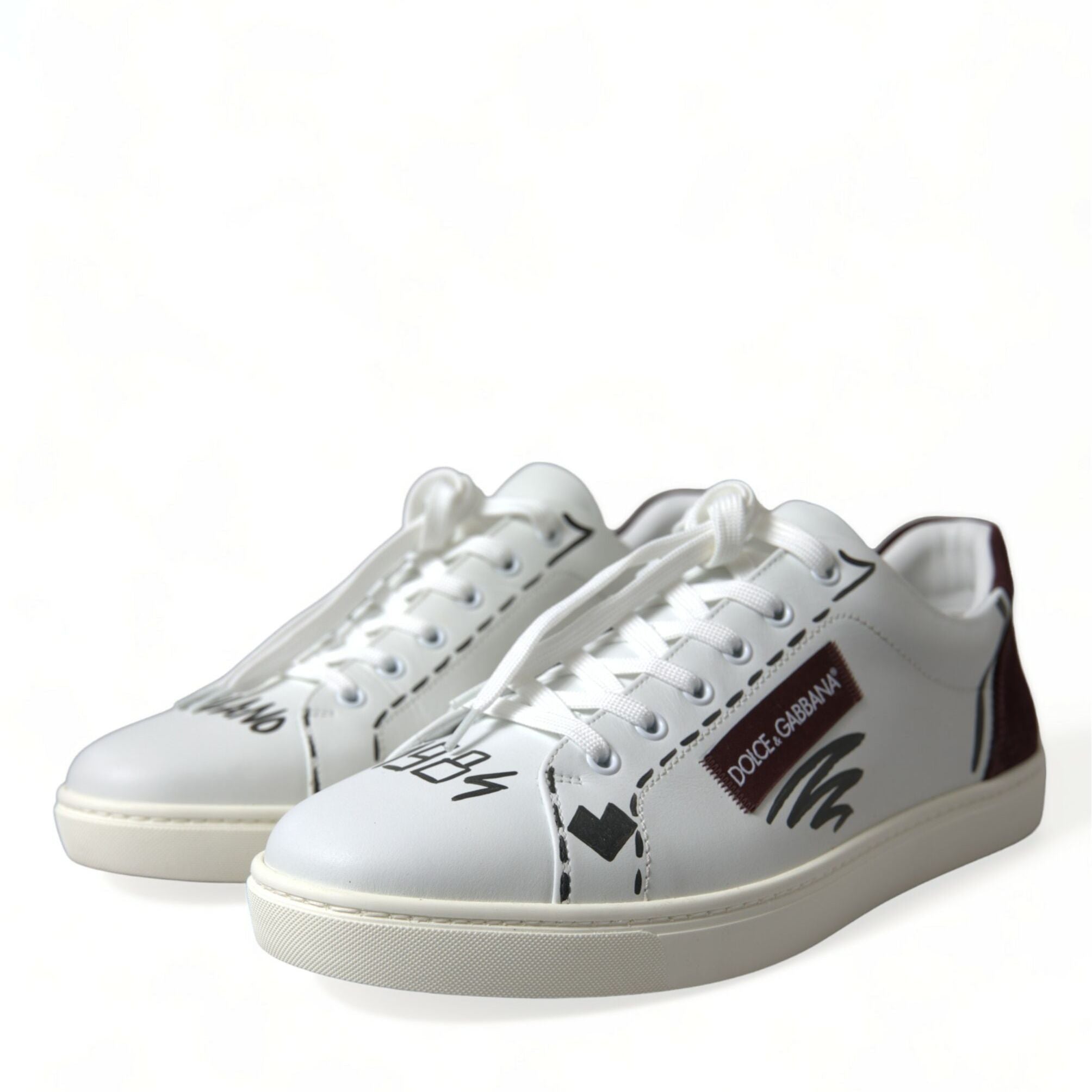 Dolce & Gabbana White Bordeaux Leather Logo Low Top Sneakers Shoes