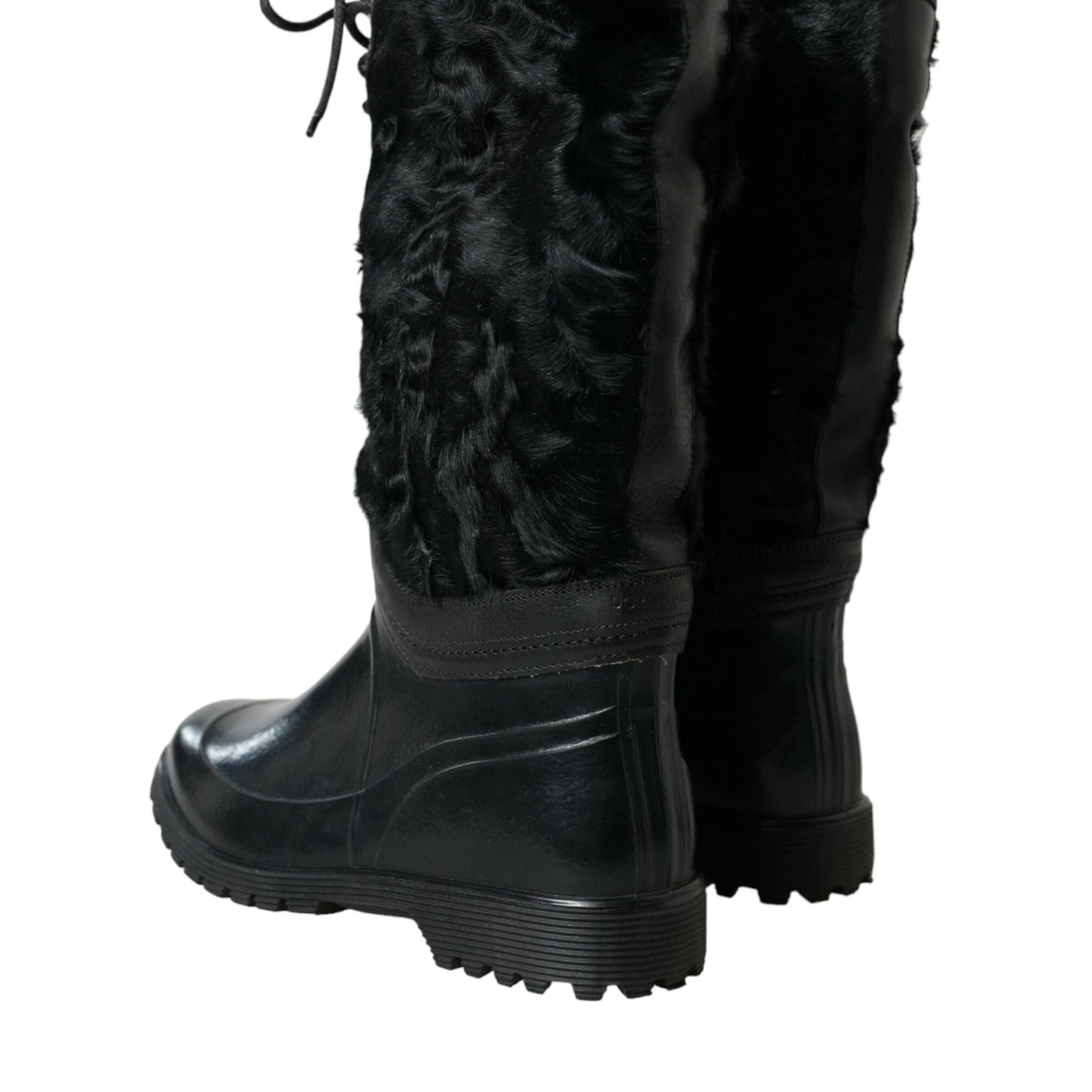 Dolce & Gabbana Black Rubber Lace Up Shearling Rain Boots Shoes