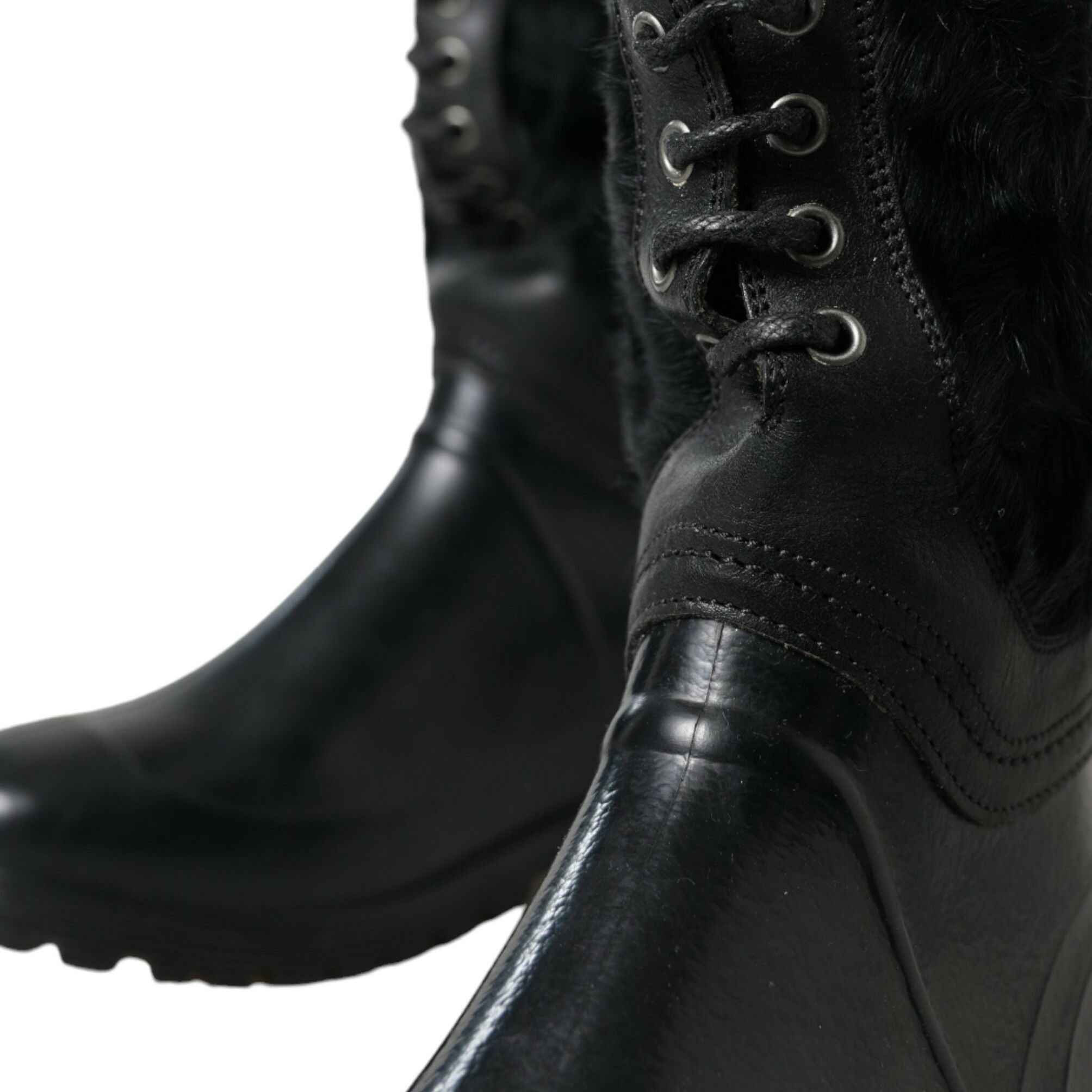 Dolce & Gabbana Black Rubber Lace Up Shearling Rain Boots Shoes