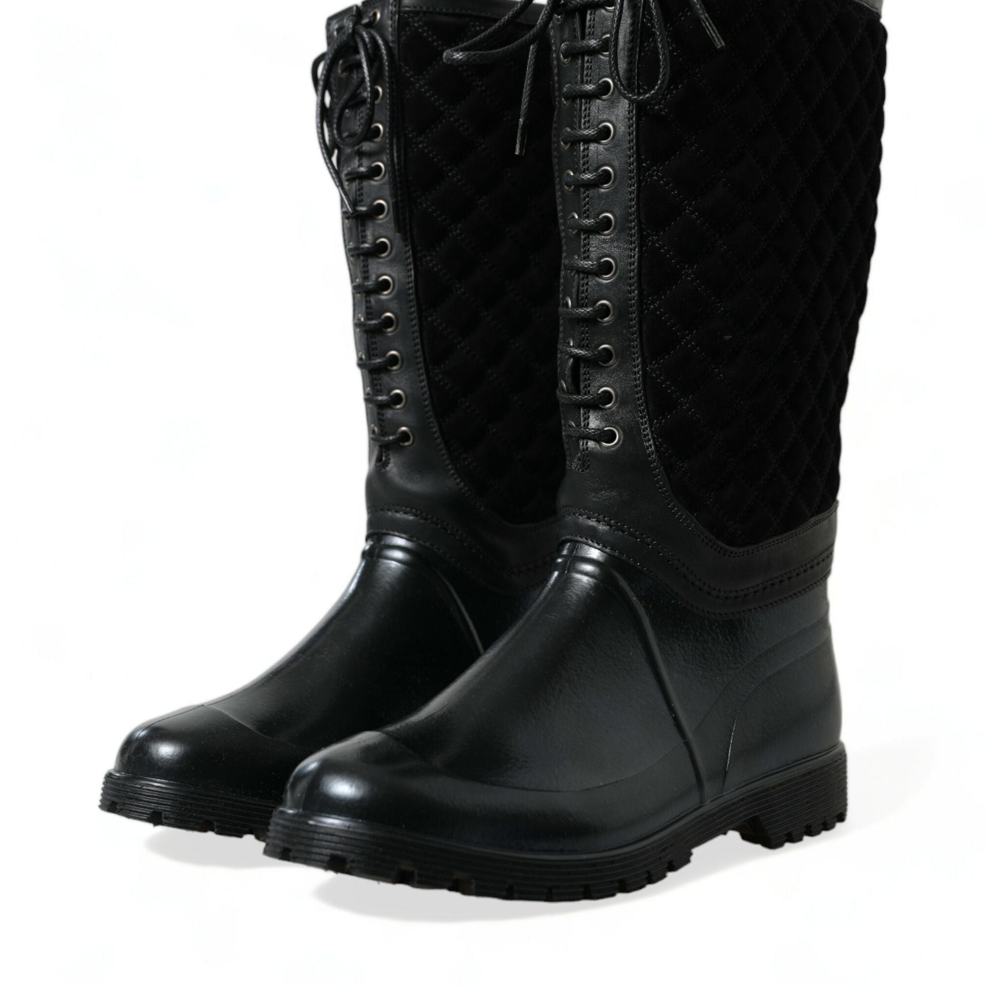 Dolce & Gabbana Black Chioggia Rubber Suede Rain Boots Shoes