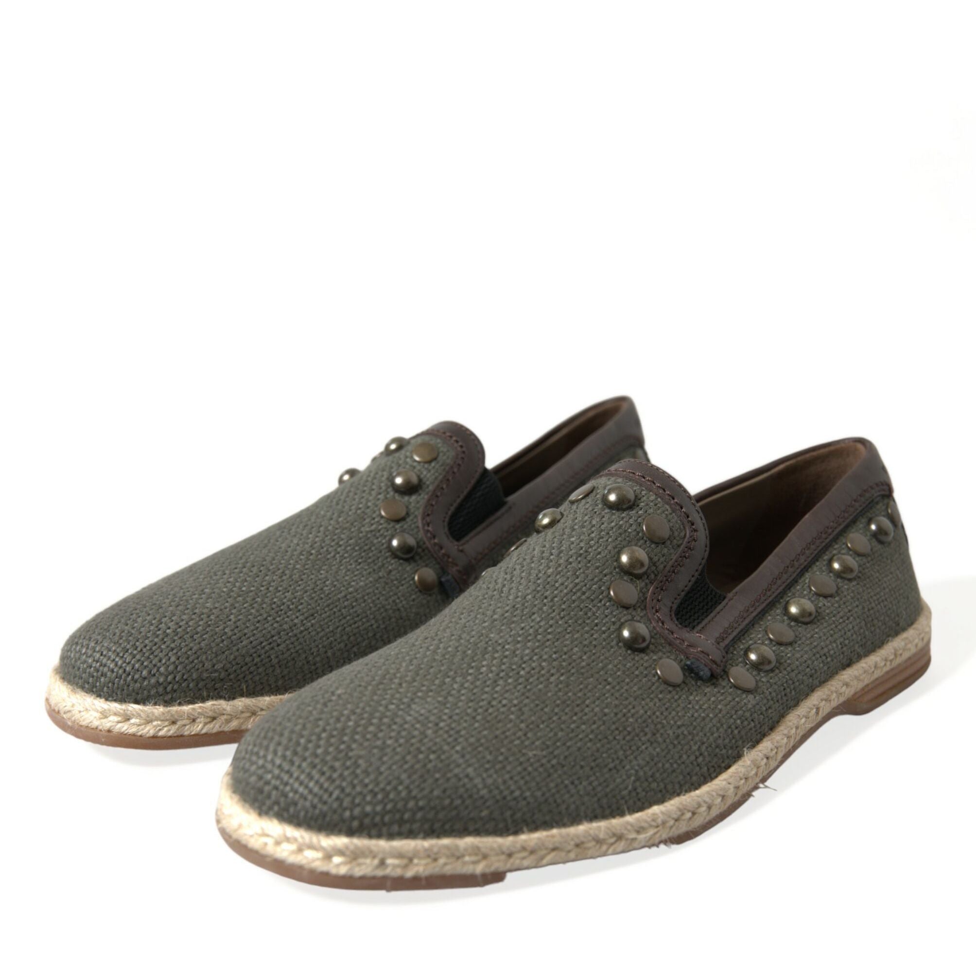 Dolce & Gabbana Gray Linen Leather Studded Loafers Shoes
