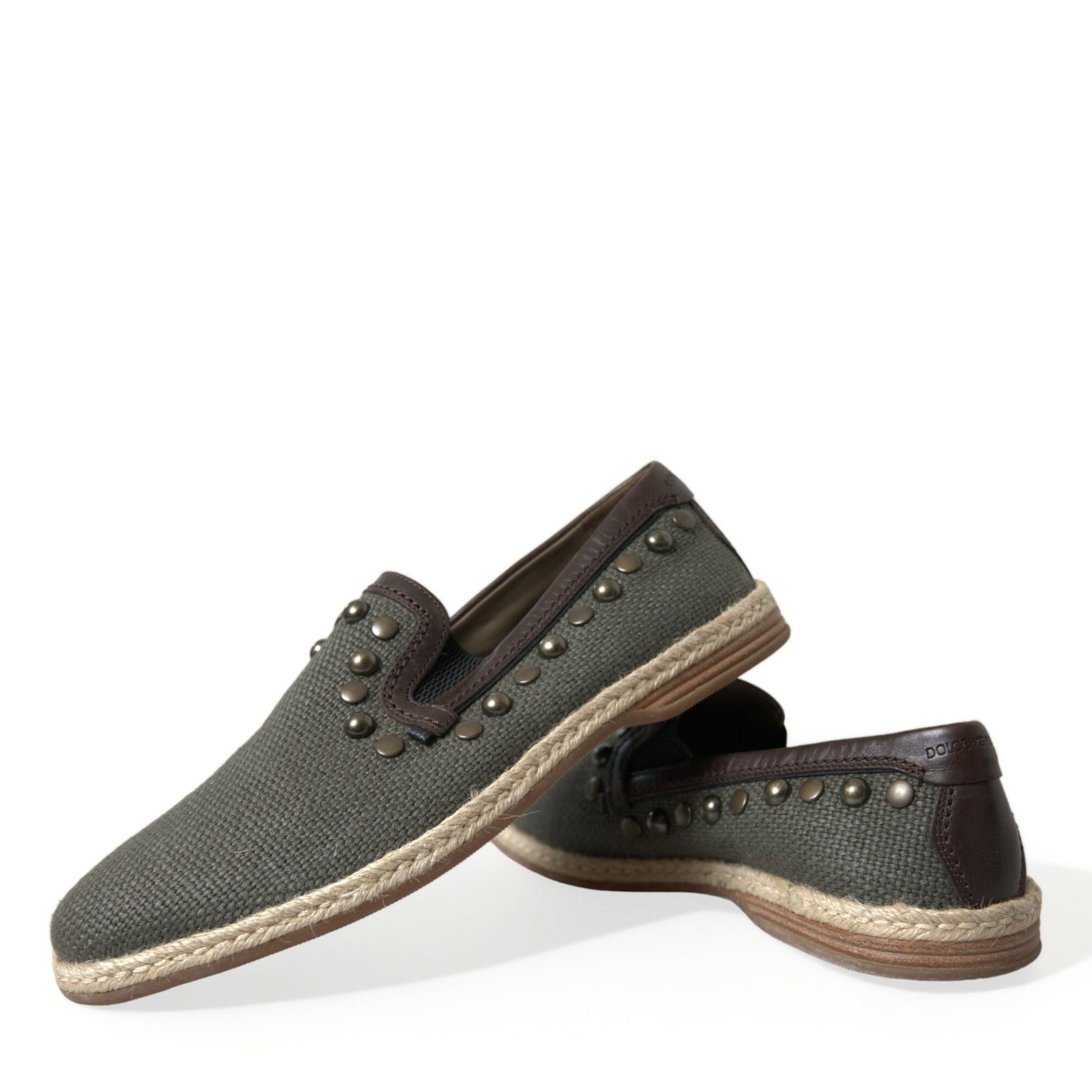 Dolce & Gabbana Gray Linen Leather Studded Loafers Shoes