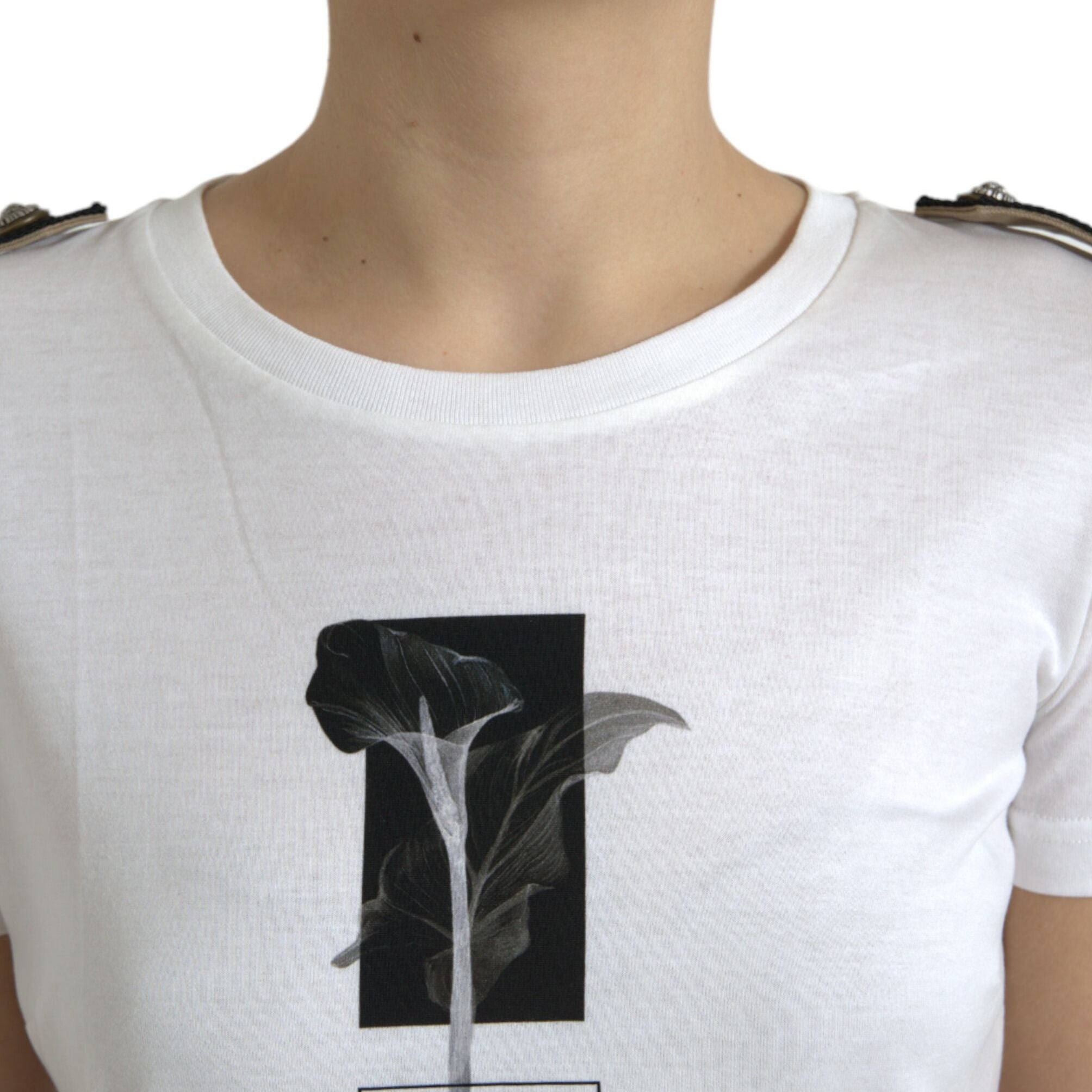 Dolce & Gabbana White Black Roses Crewneck Cotton T-shirt