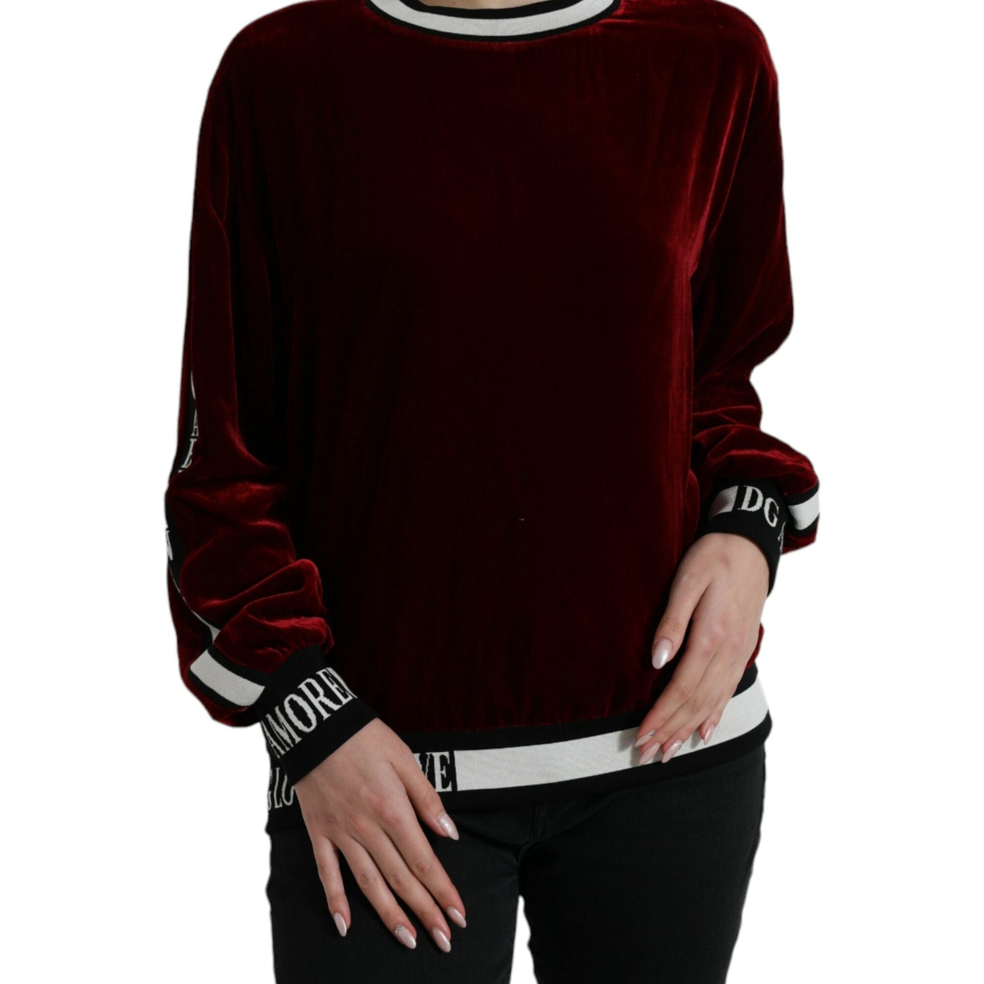 Dolce & Gabbana Bordeaux Velvet Round Neck Pullover Sweater