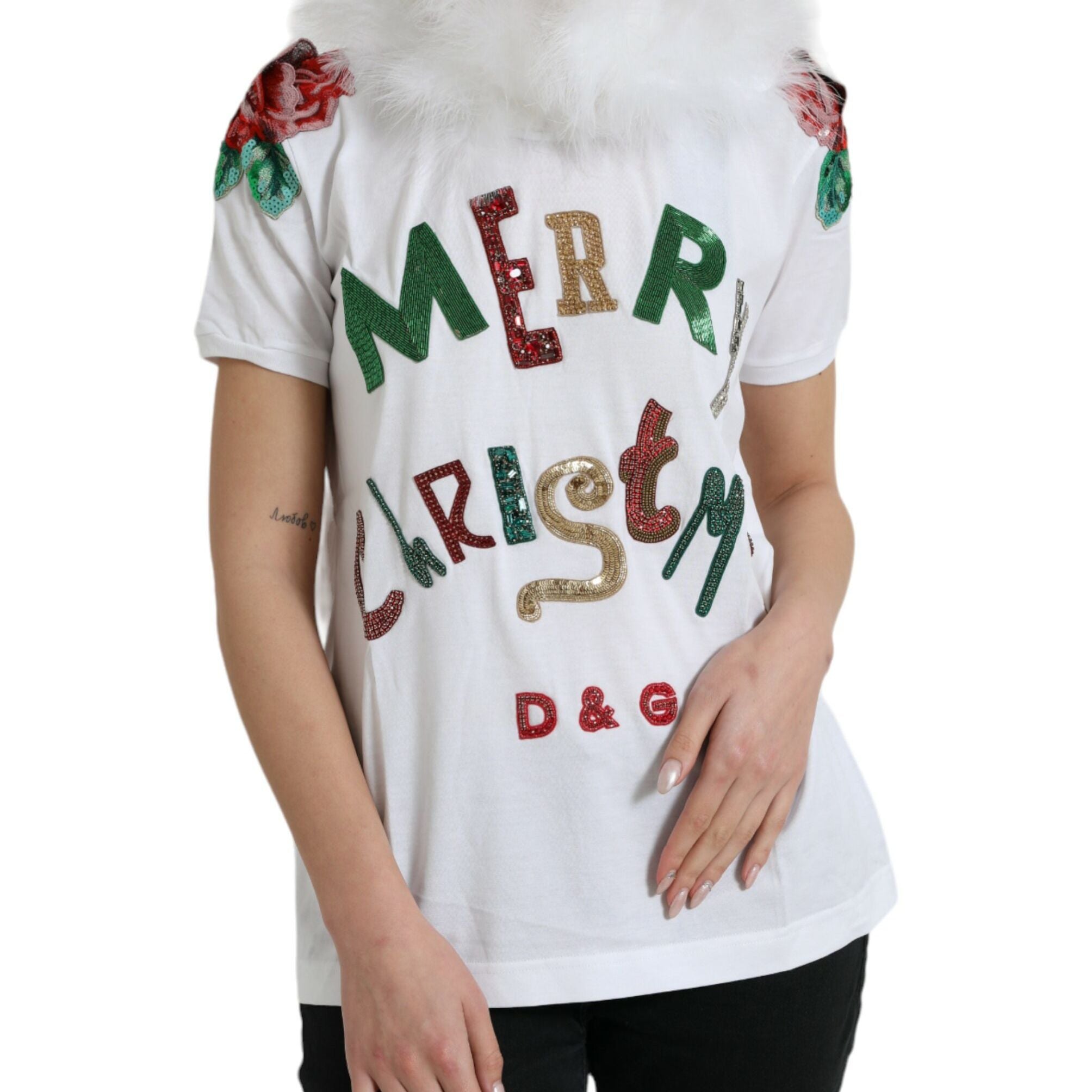 Dolce & Gabbana White Cotton Christmas Sequin Fur T-shirt