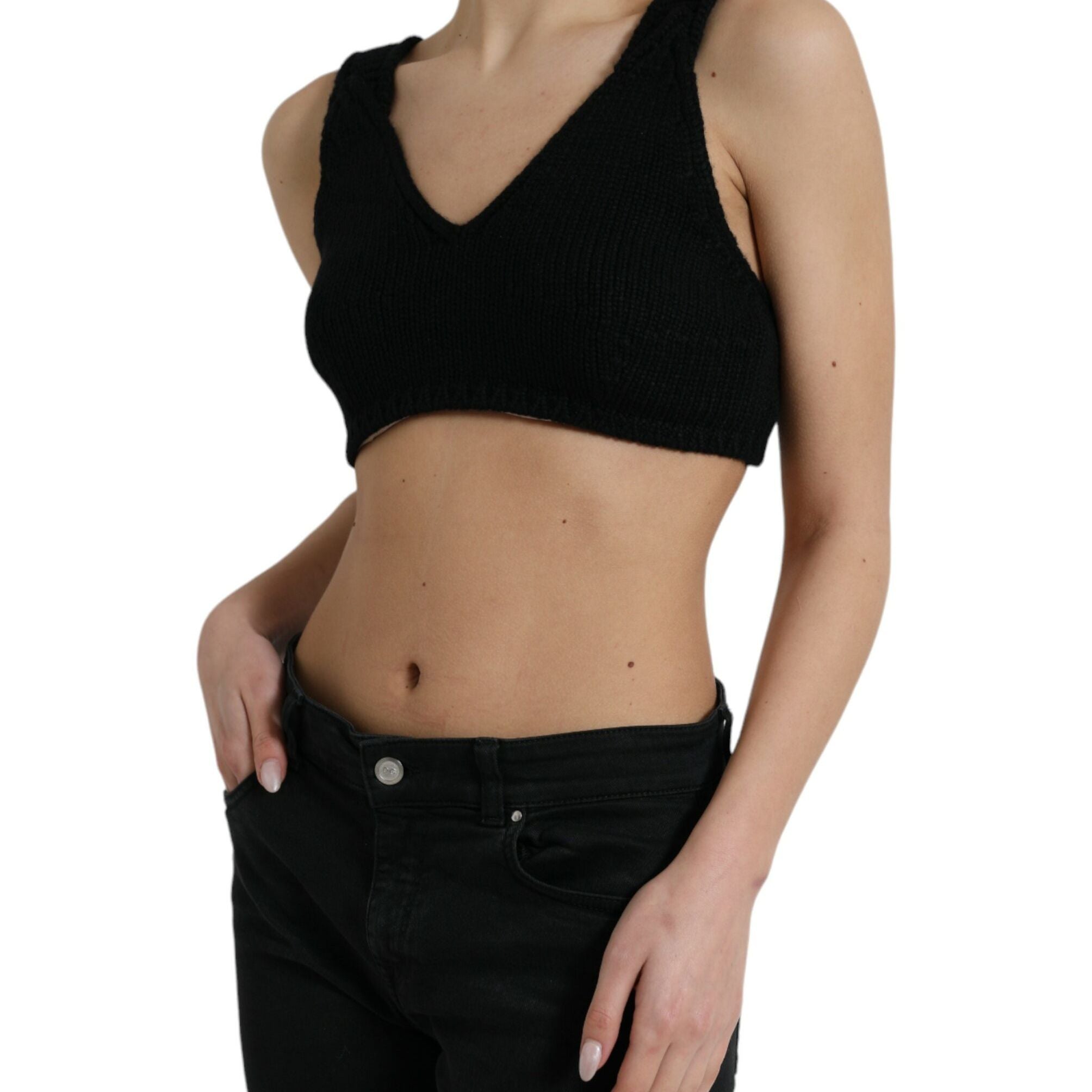 Dolce & Gabbana Black Cropped Cashmere V-neck Bustier Top