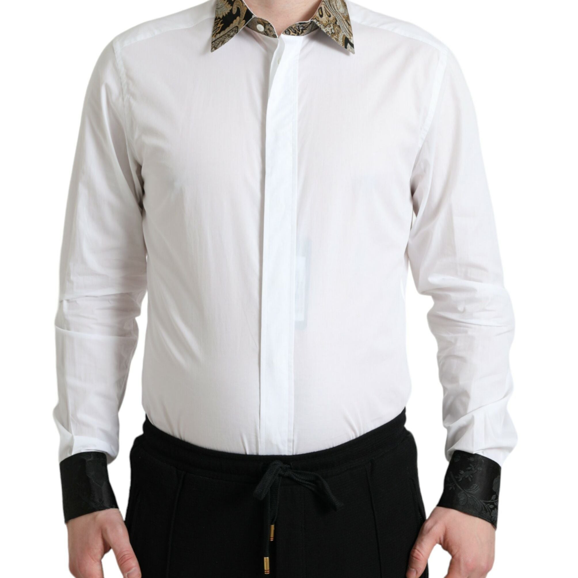 Dolce & Gabbana White Cotton Jacquard Formal GOLD Dress Shirt