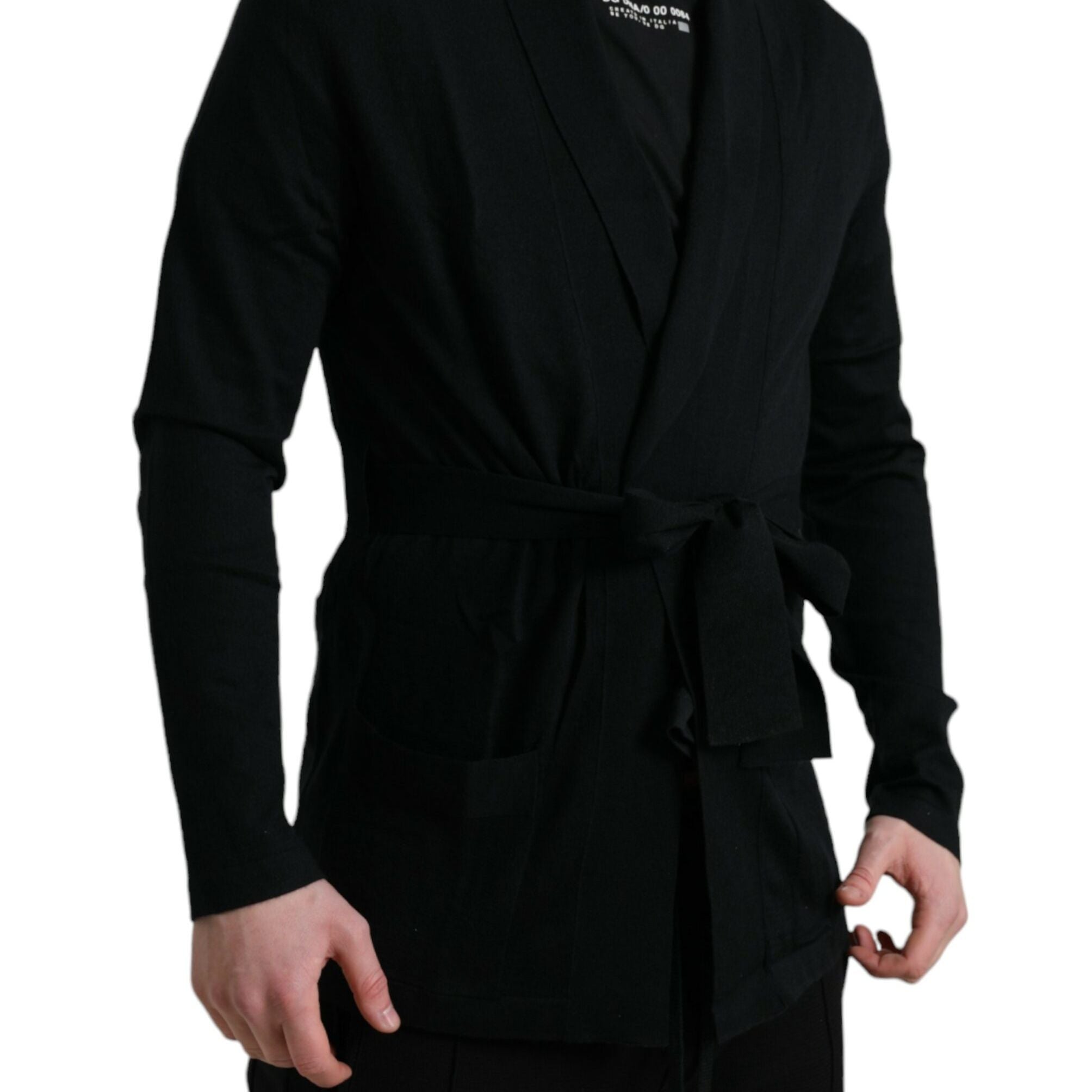 Dolce & Gabbana Black Cashmere Long Sleeves Belted Wrap Robe