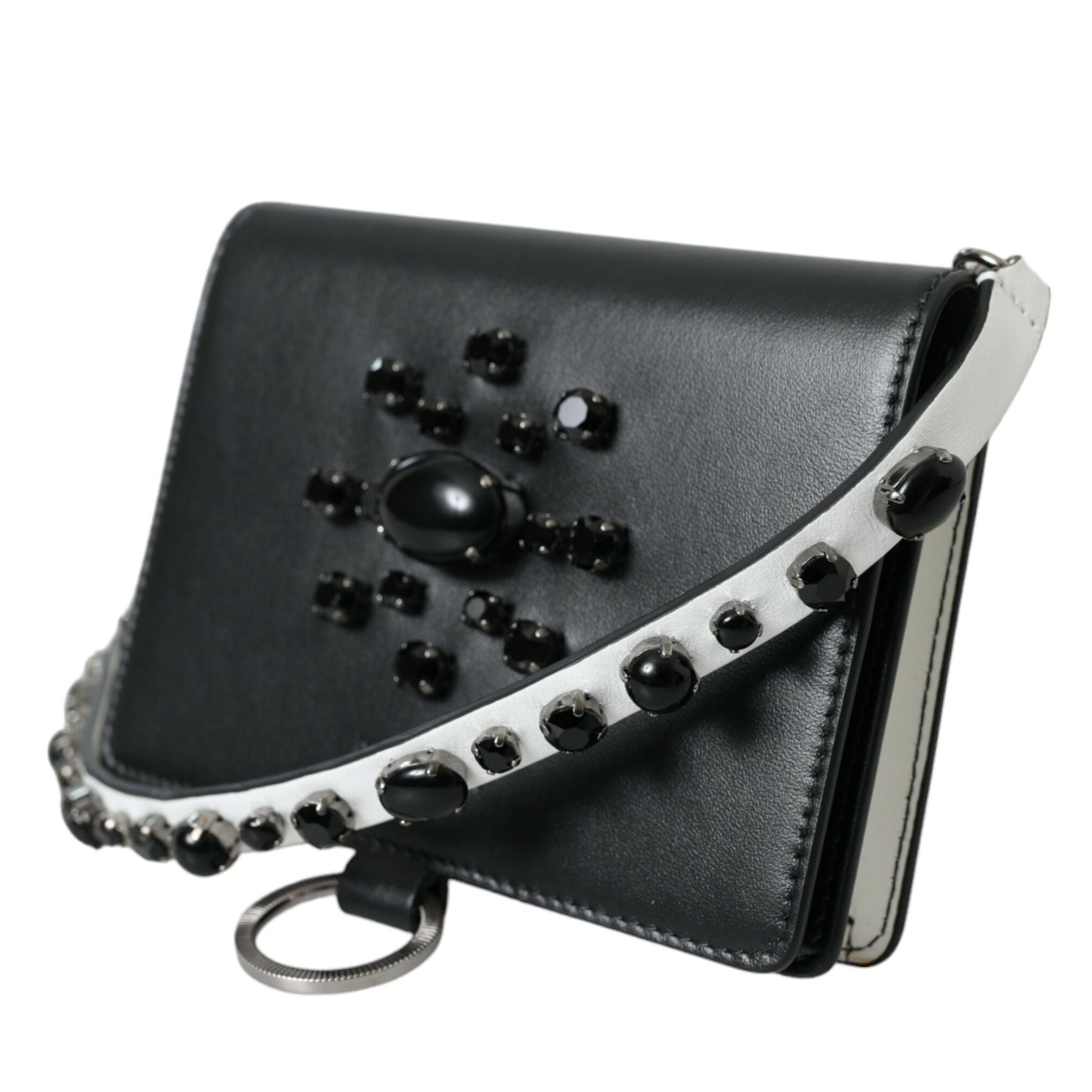 Dolce & Gabbana Black White Leather Crystal Embellished Cardholder Wallet