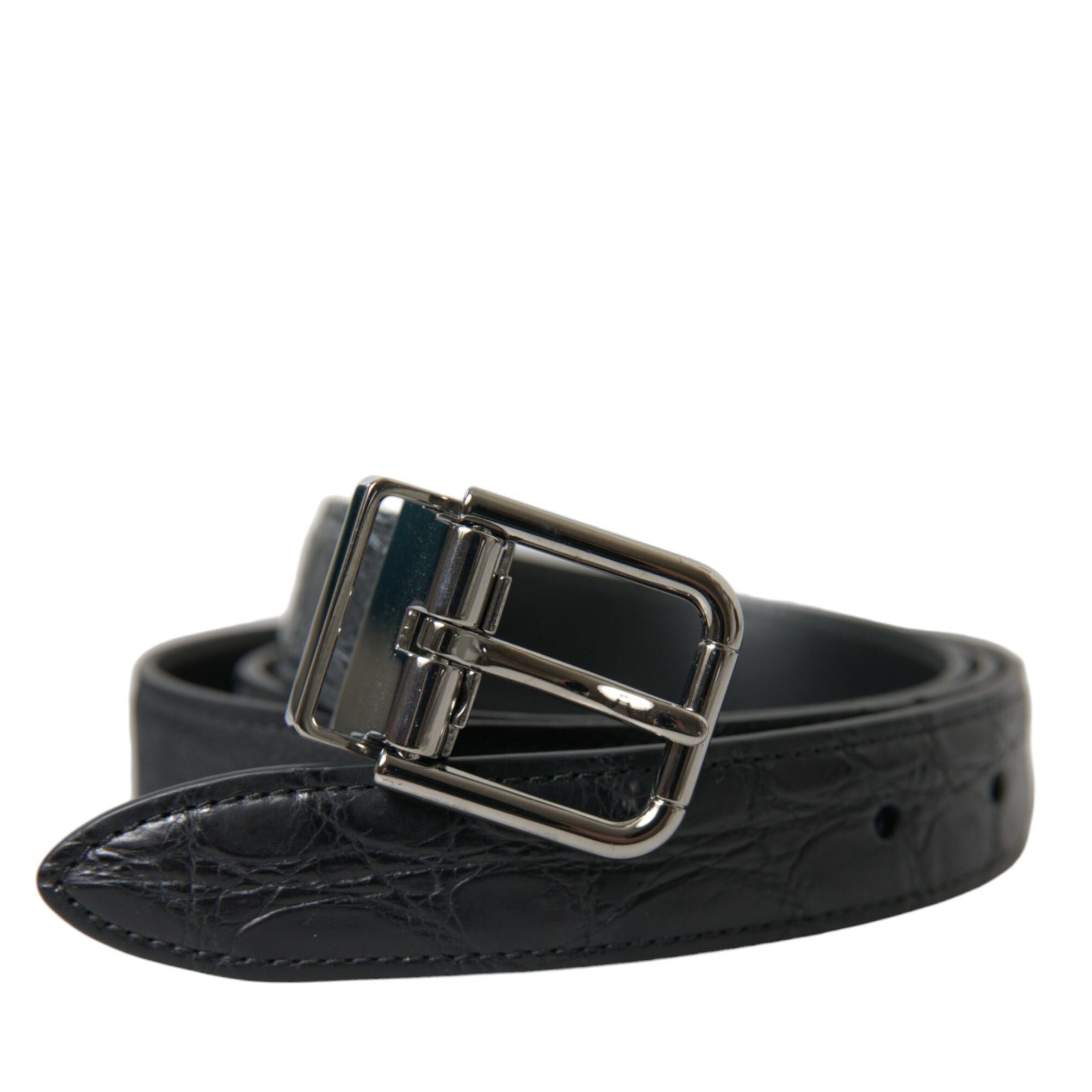 Dolce & Gabbana Black Leather Silver Metal Buckle Belt