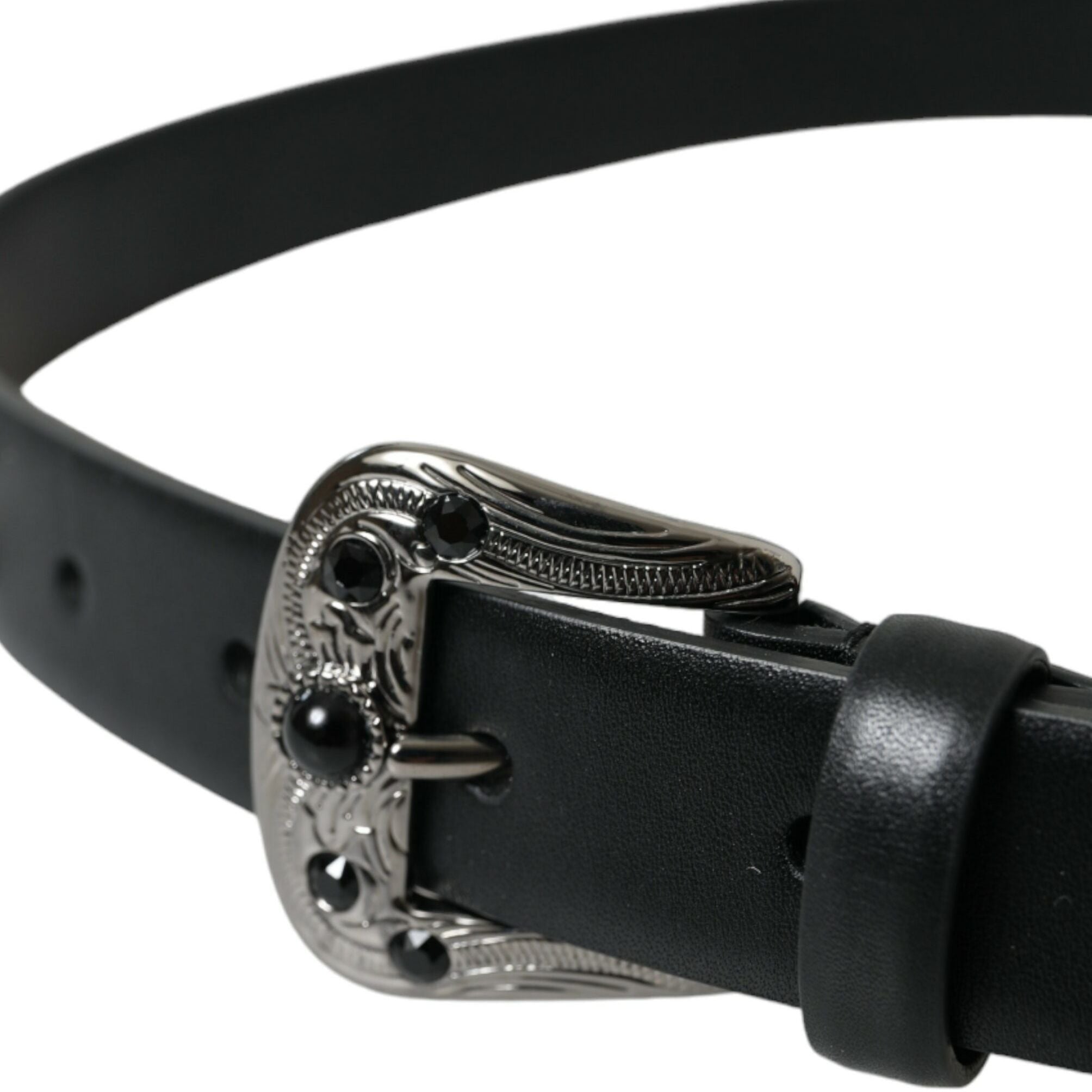 Dolce & Gabbana Black Embellished Leather Engraved Buckle Belt