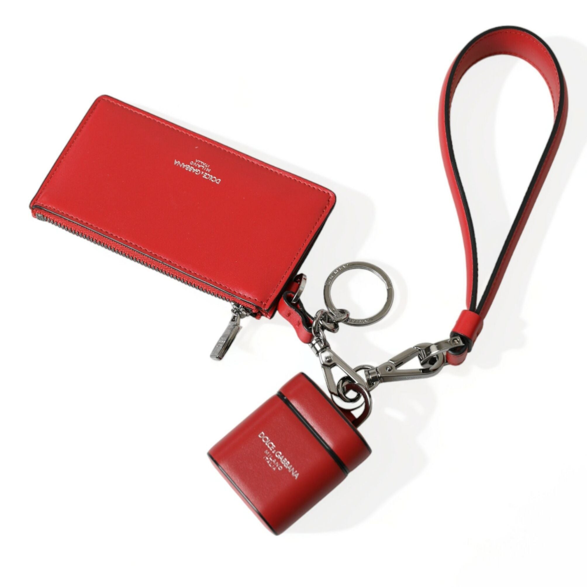 Dolce & Gabbana Red Leather Silver Metal Logo Strap Pouch Airpods Case