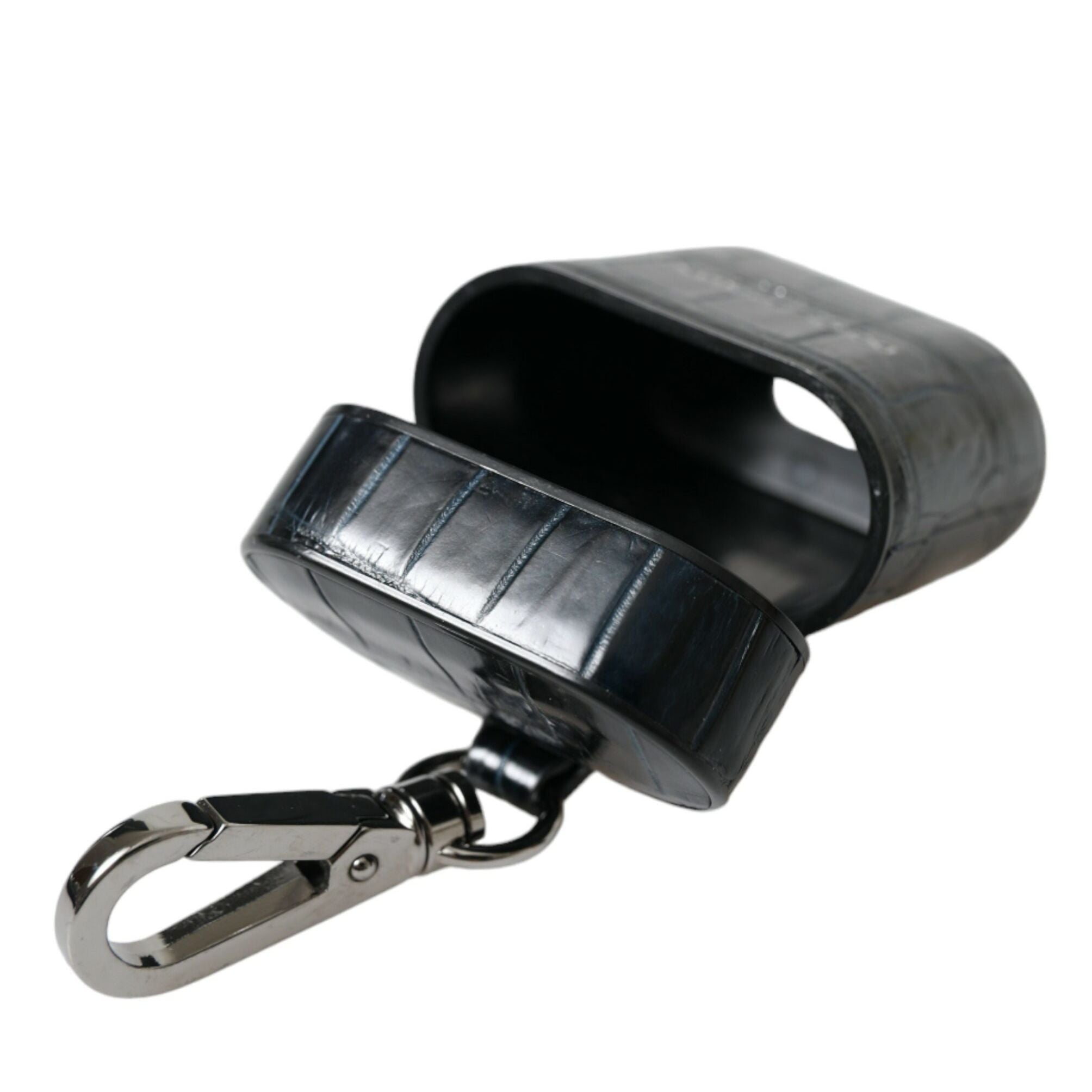 Dolce & Gabbana Black Crocodile Leather Silver Metal Logo Airpods Case