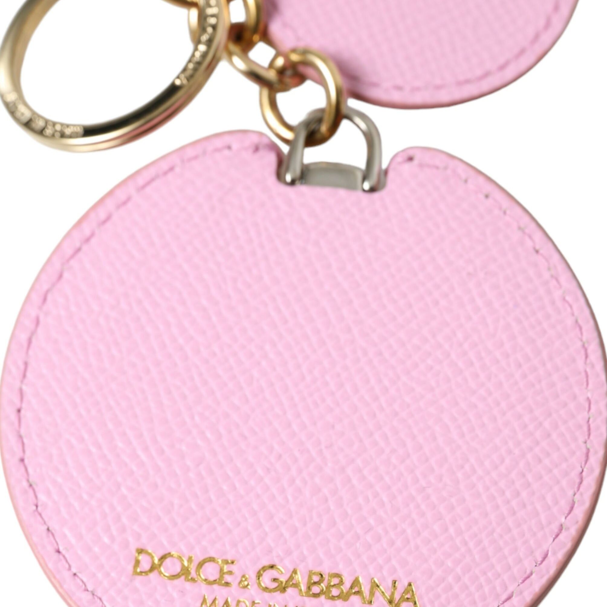 Dolce & Gabbana Pink Calf Leather Gold Metal Logo Print Keyring Keychain