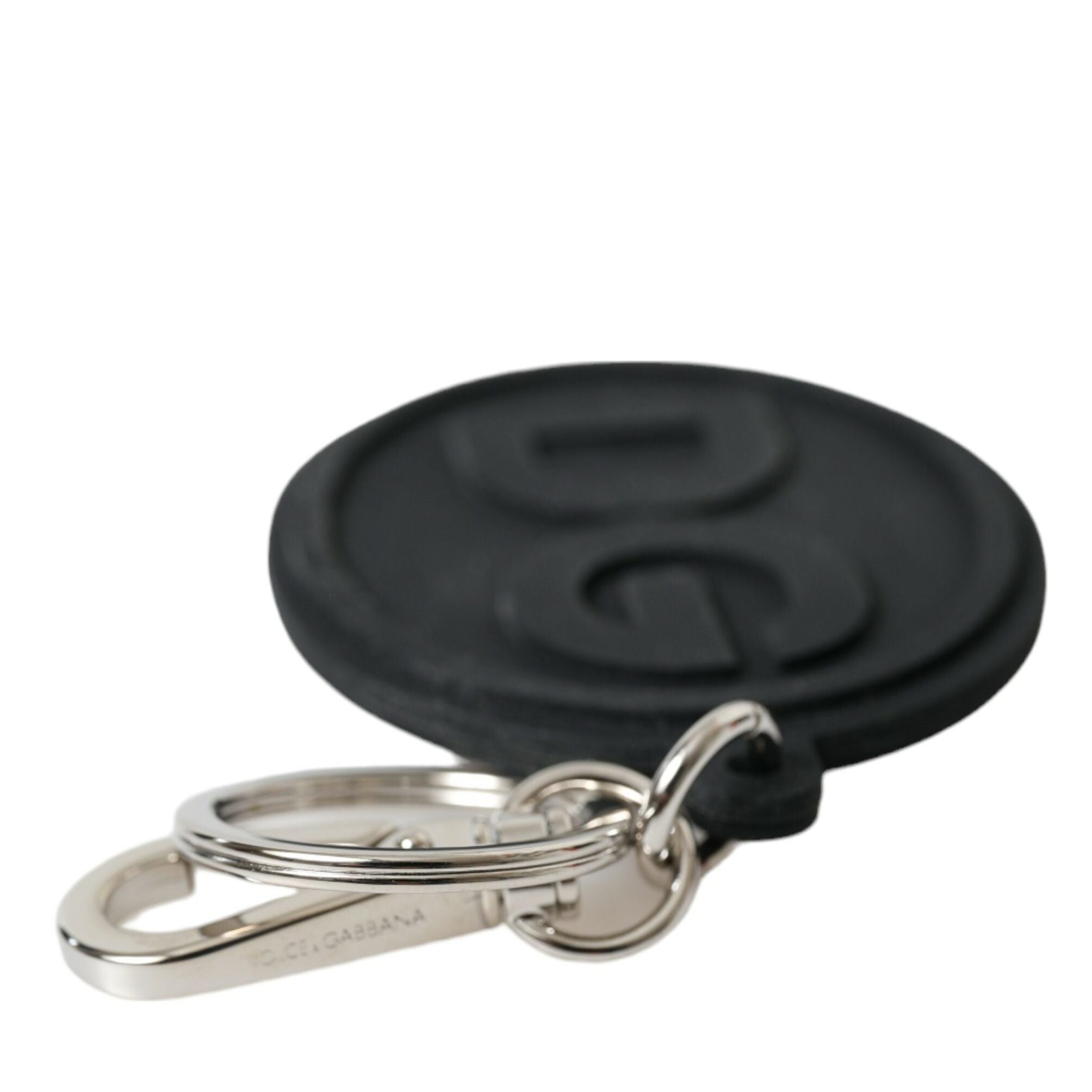Dolce & Gabbana Black Rubber DG Logo Silver Brass Metal Keyring Keychain