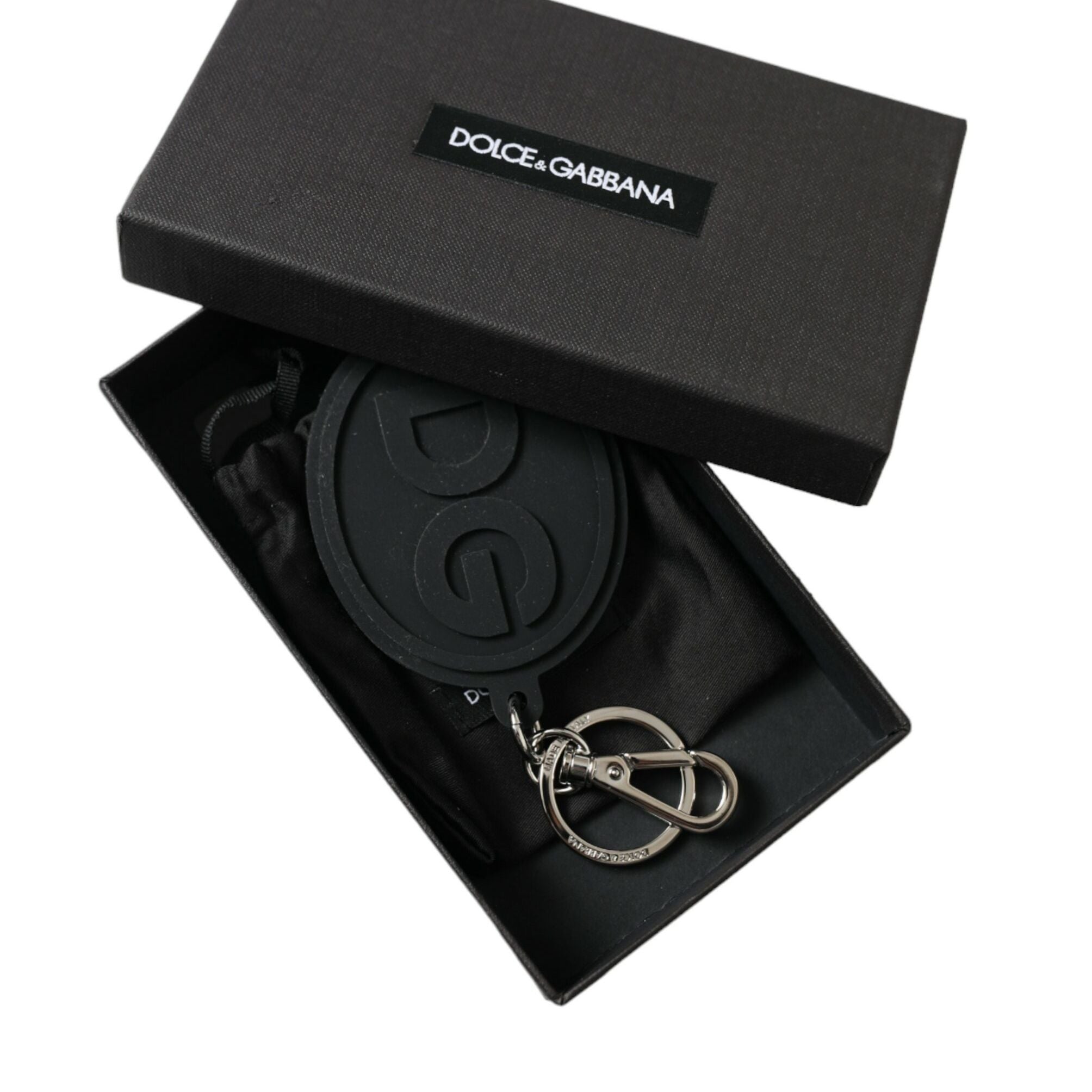 Dolce & Gabbana Black Rubber DG Logo Silver Brass Metal Keyring Keychain