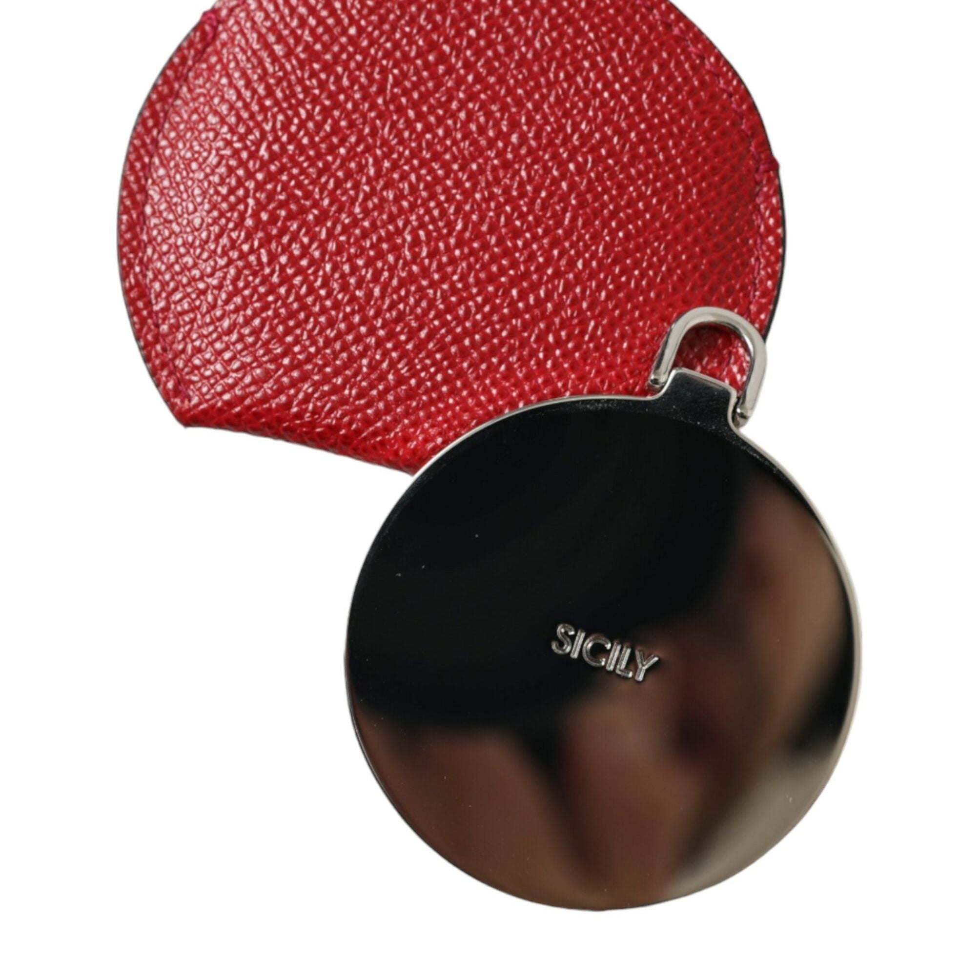 Dolce & Gabbana Red Calfskin Leather Round Logo Hand Mirror Holder