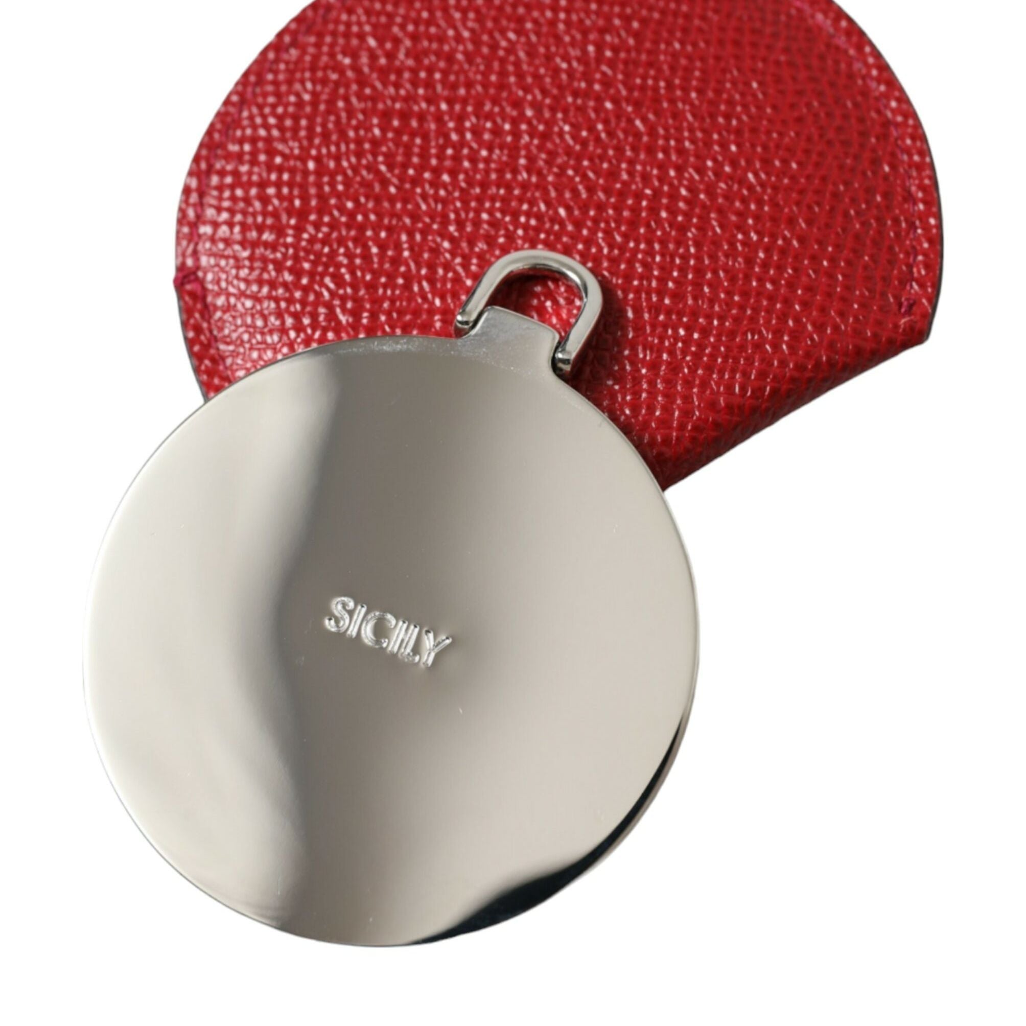 Dolce & Gabbana Red Calfskin Leather Round Logo Hand Mirror Holder