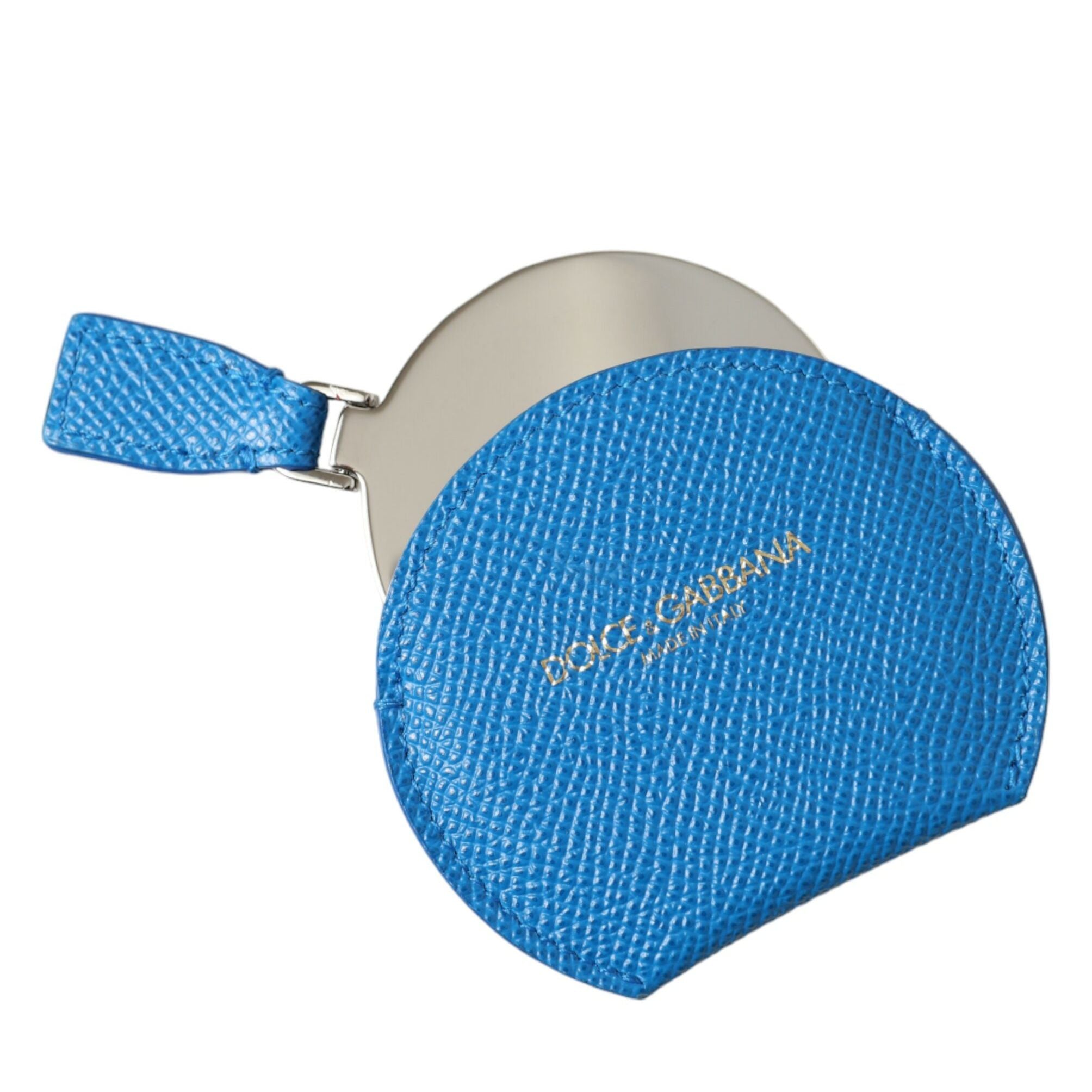 Dolce & Gabbana Blue Calfskin Leather Round Logo Hand Mirror Holder