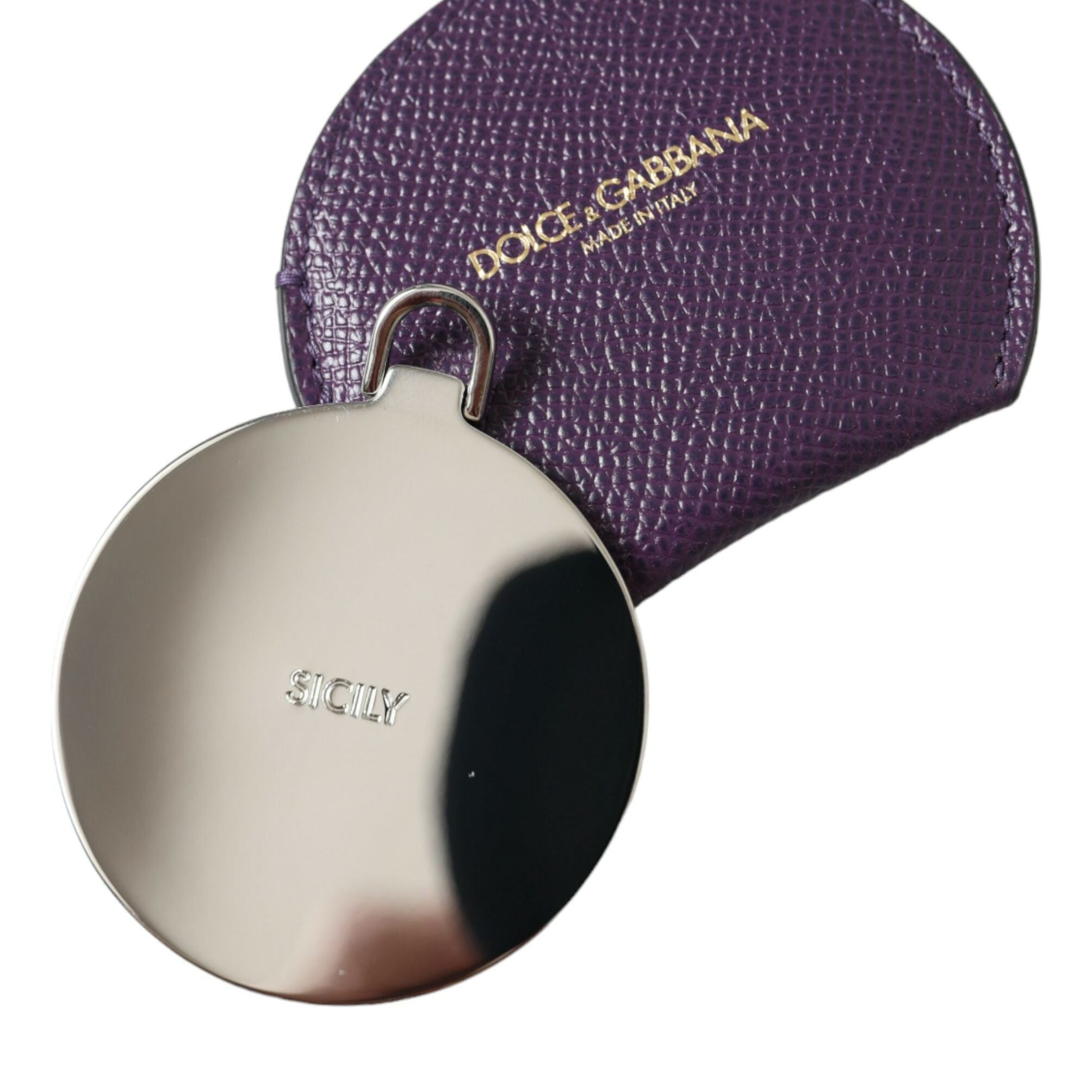 Dolce & Gabbana Purple Calfskin Leather Round Logo Hand Mirror Holder