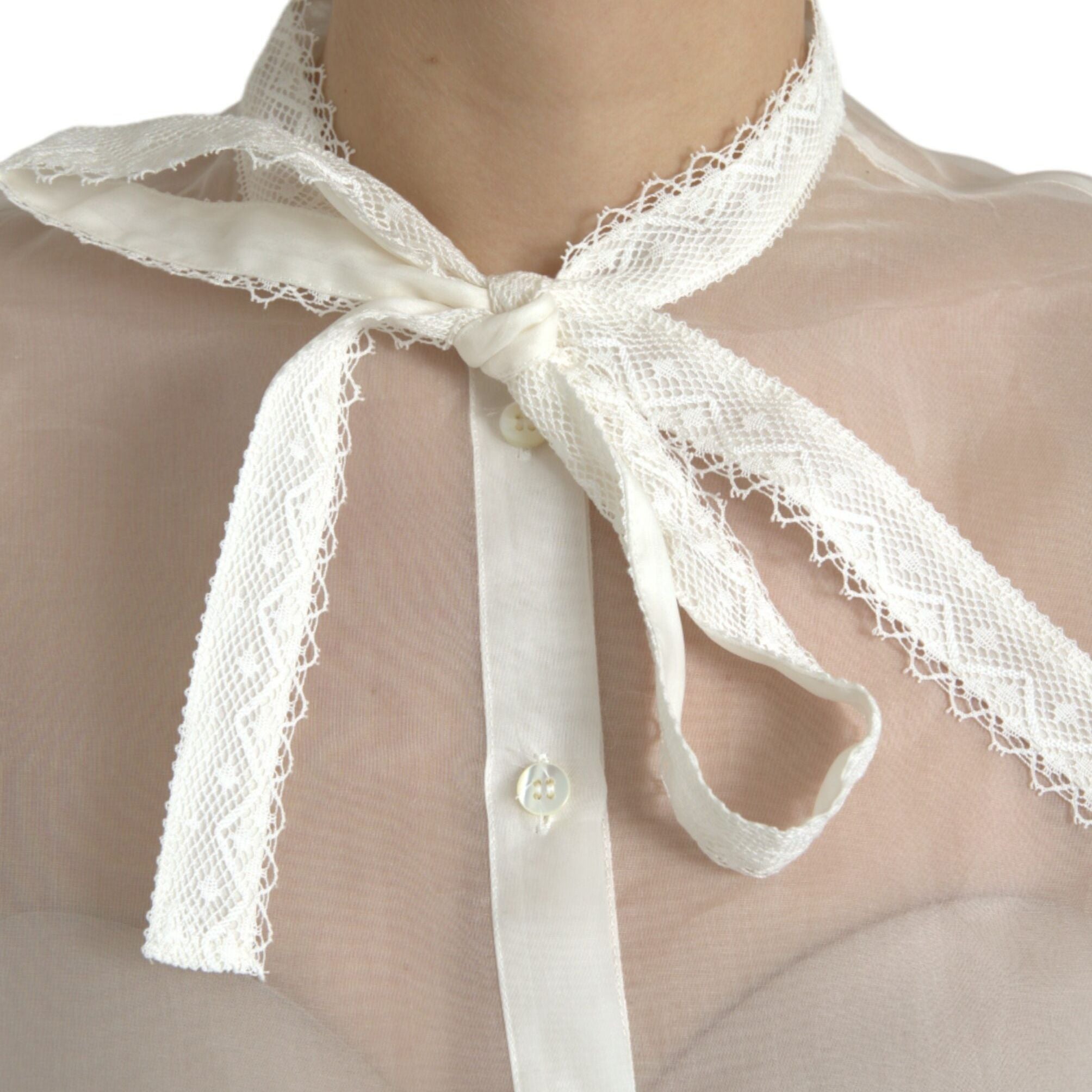 Dolce & Gabbana White Silk Long Sleeves Ascot Collar Top