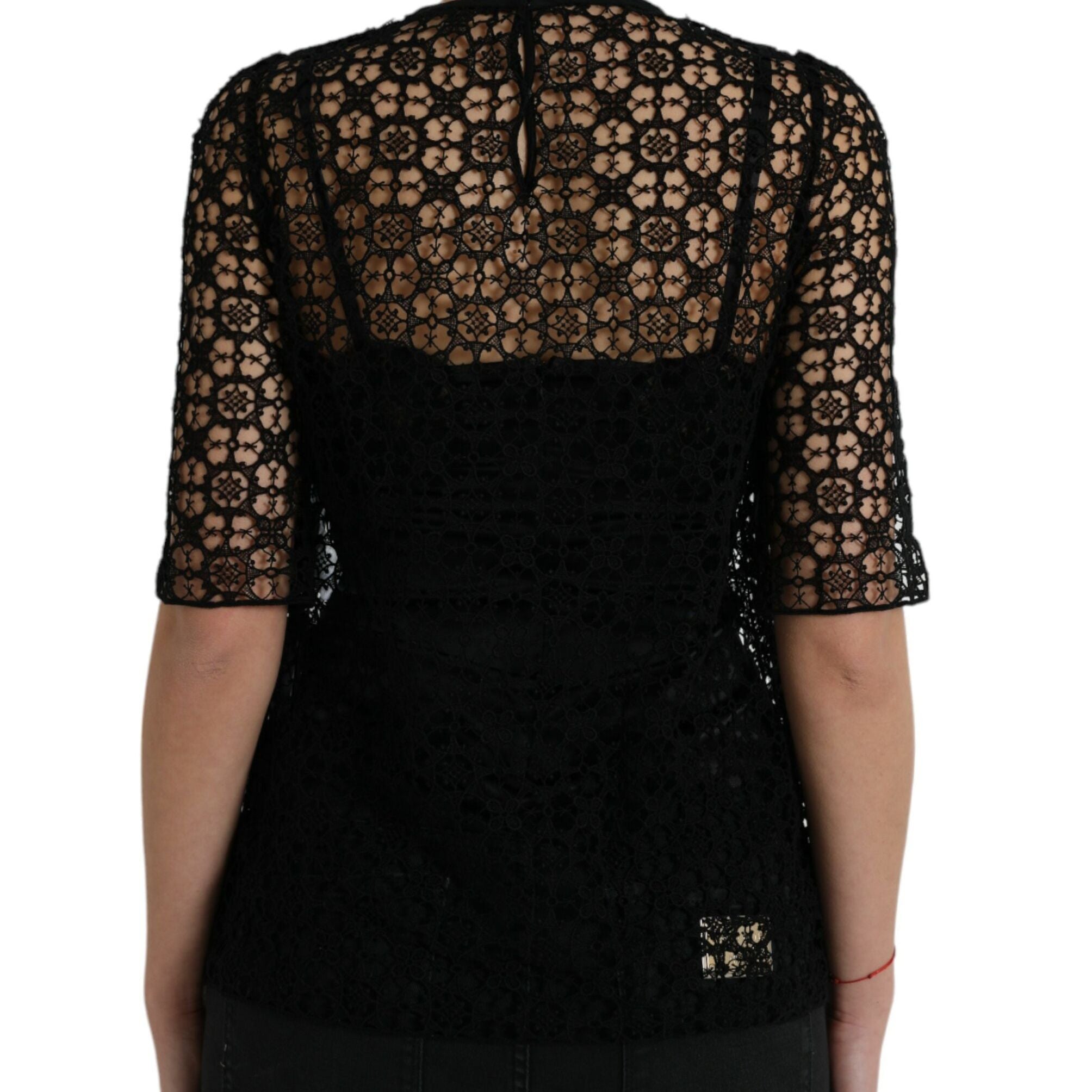 Dolce & Gabbana Black Floral Lace Short Sleeves Blouse Top