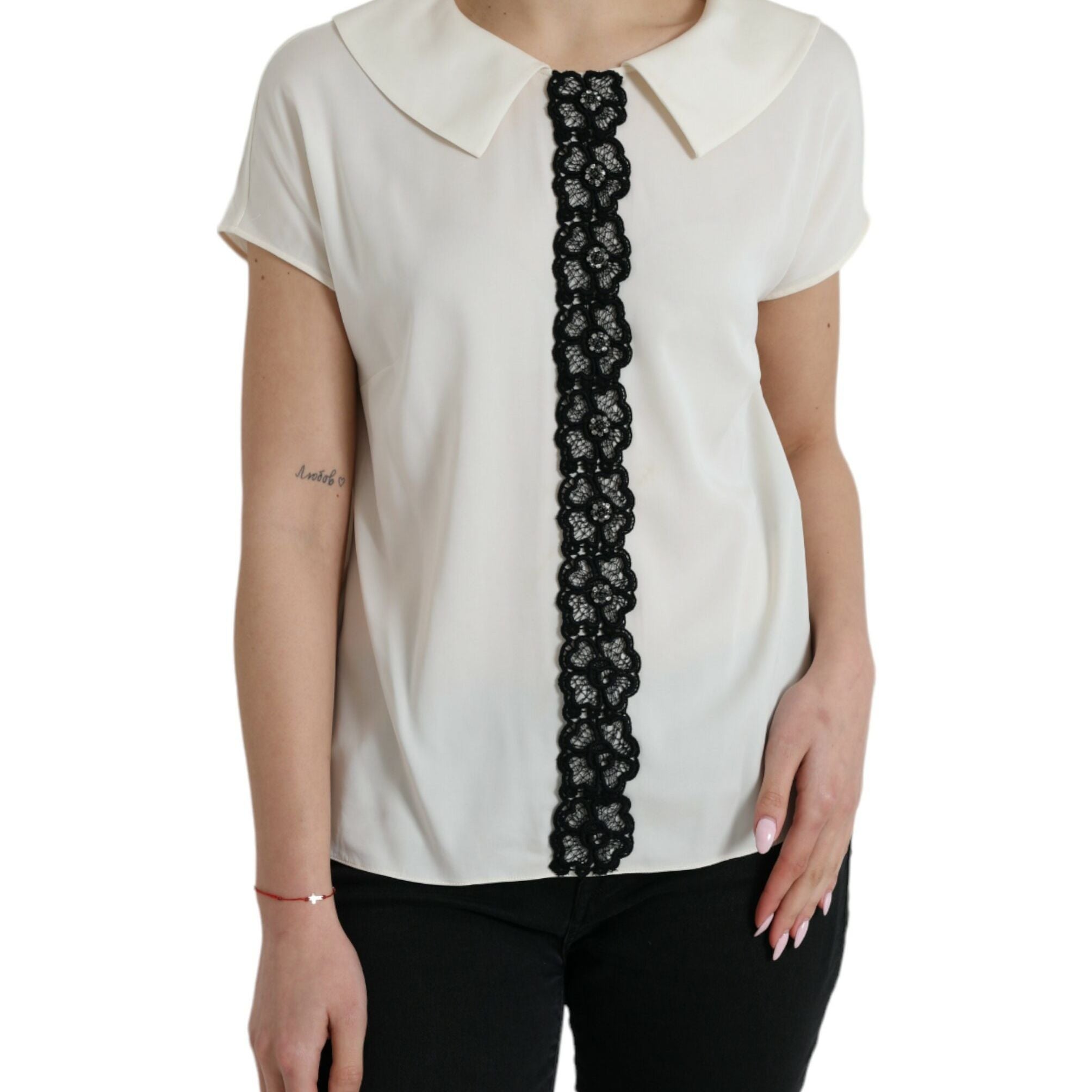Dolce & Gabbana Off White Silk Lace Trim Short Sleeves Top