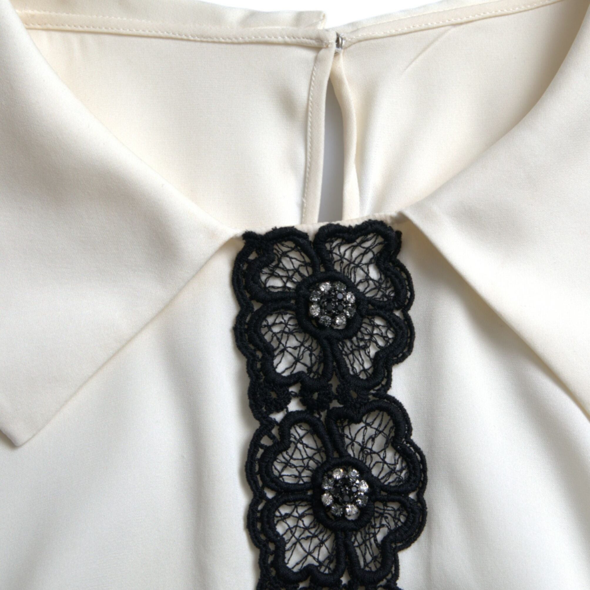 Dolce & Gabbana Off White Silk Lace Trim Short Sleeves Top