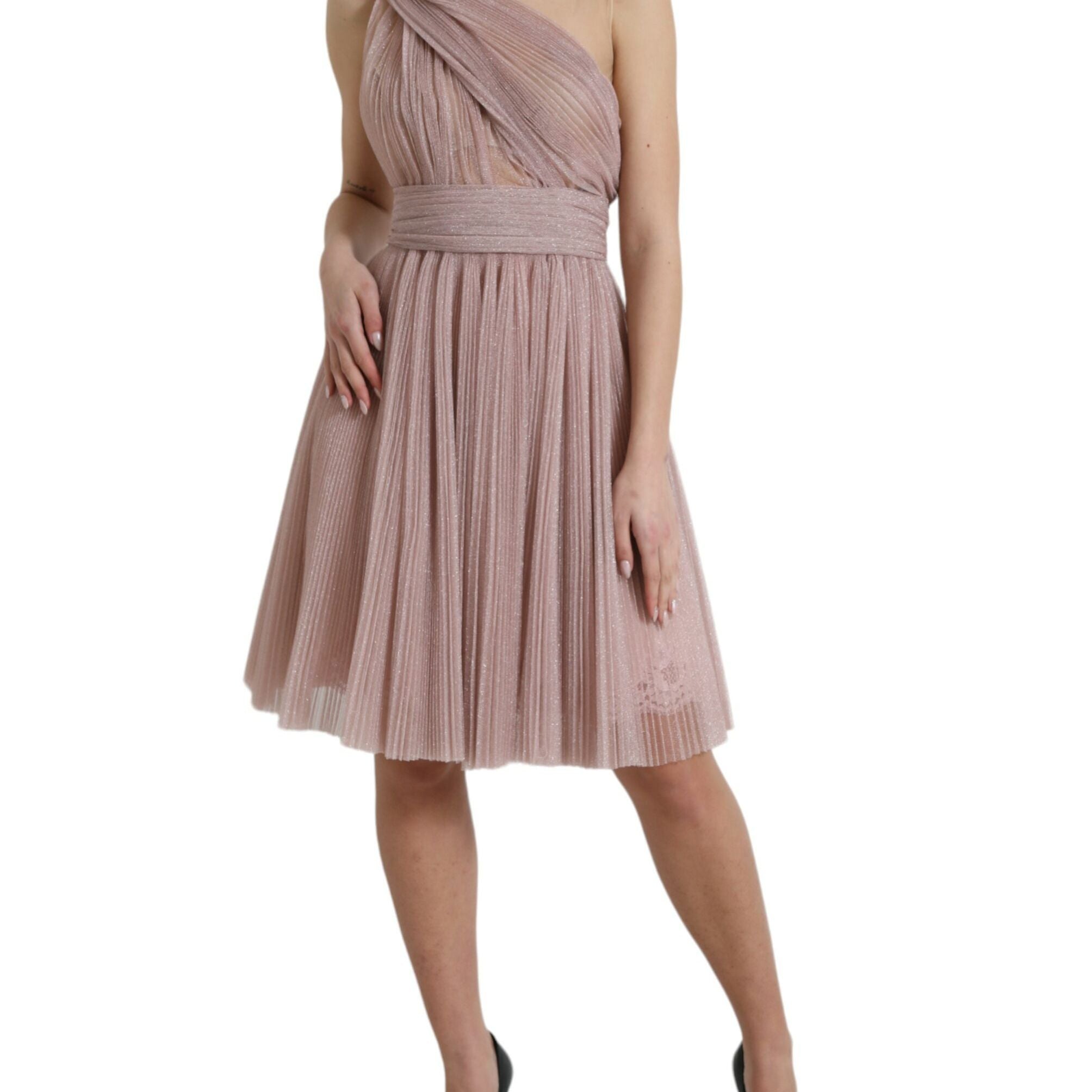 Dolce & Gabbana Light Lilac Pleated Lame Tulle One Shoulder Dress