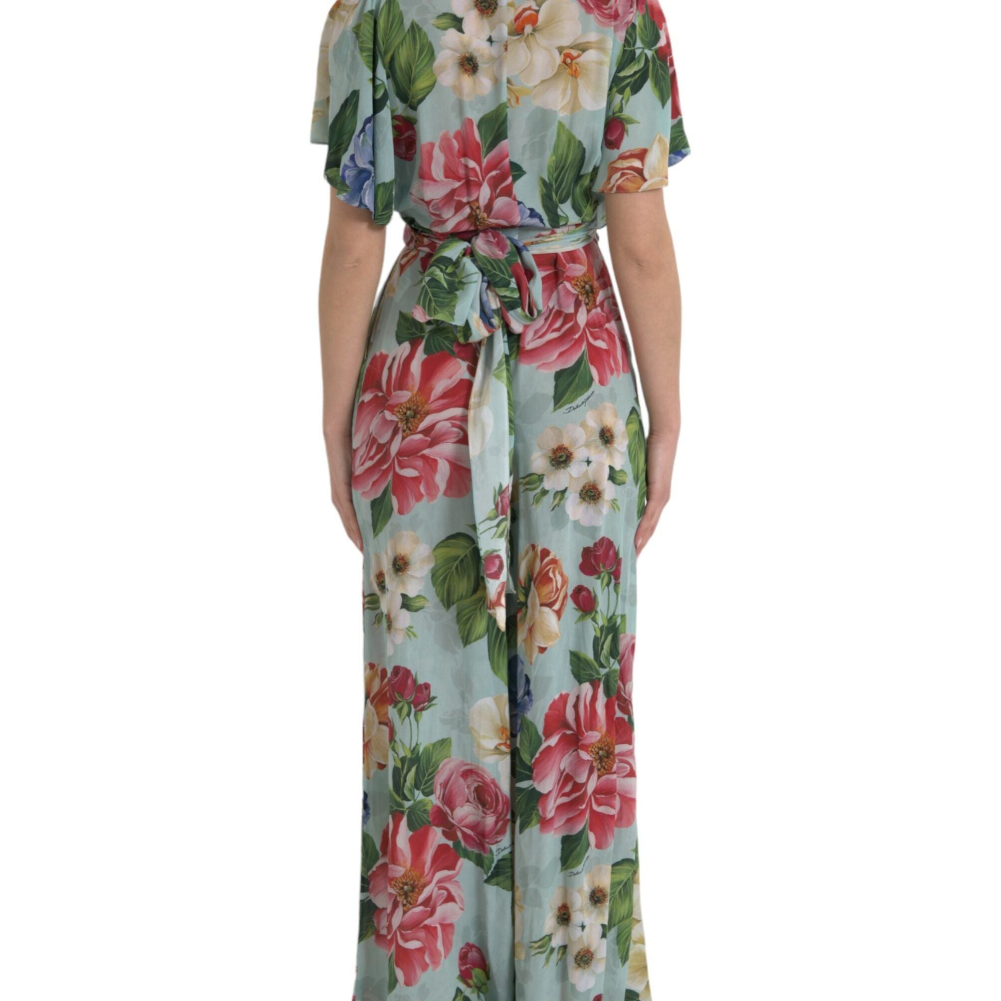 Dolce & Gabbana Blue Floral Wide Leg Wrap Jumpsuit Dress
