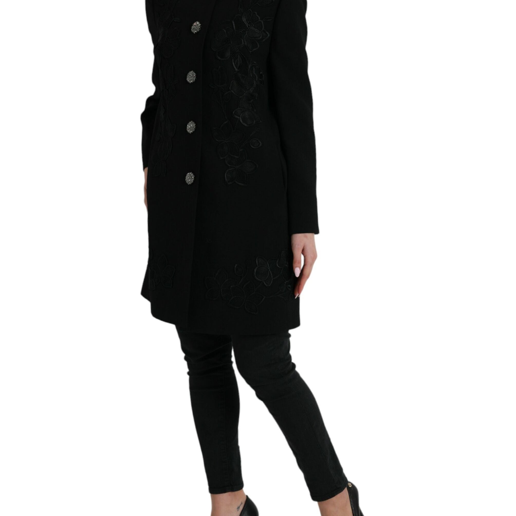 Dolce & Gabbana Black Floral Wool Button Embellished Jacket