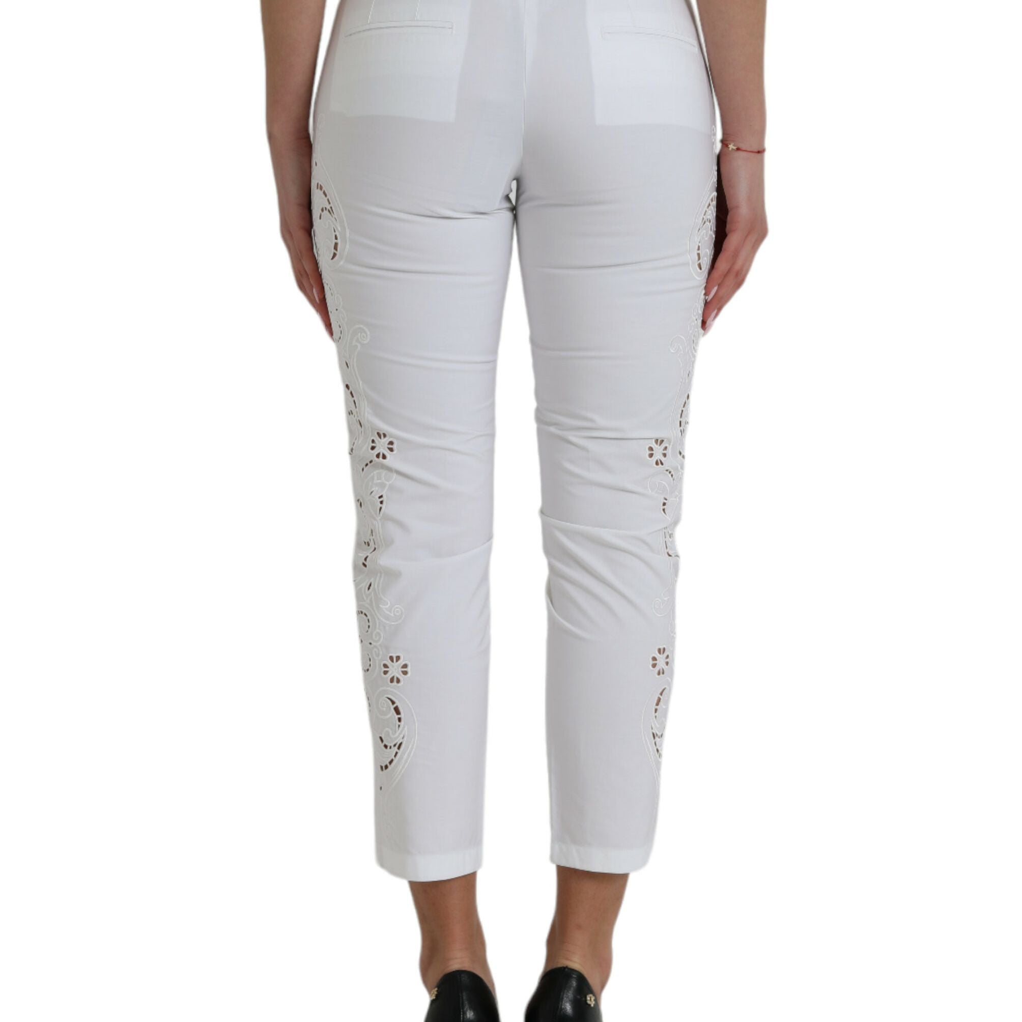 Dolce & Gabbana White Cut Out Cotton Mid Waist Cropped Pants