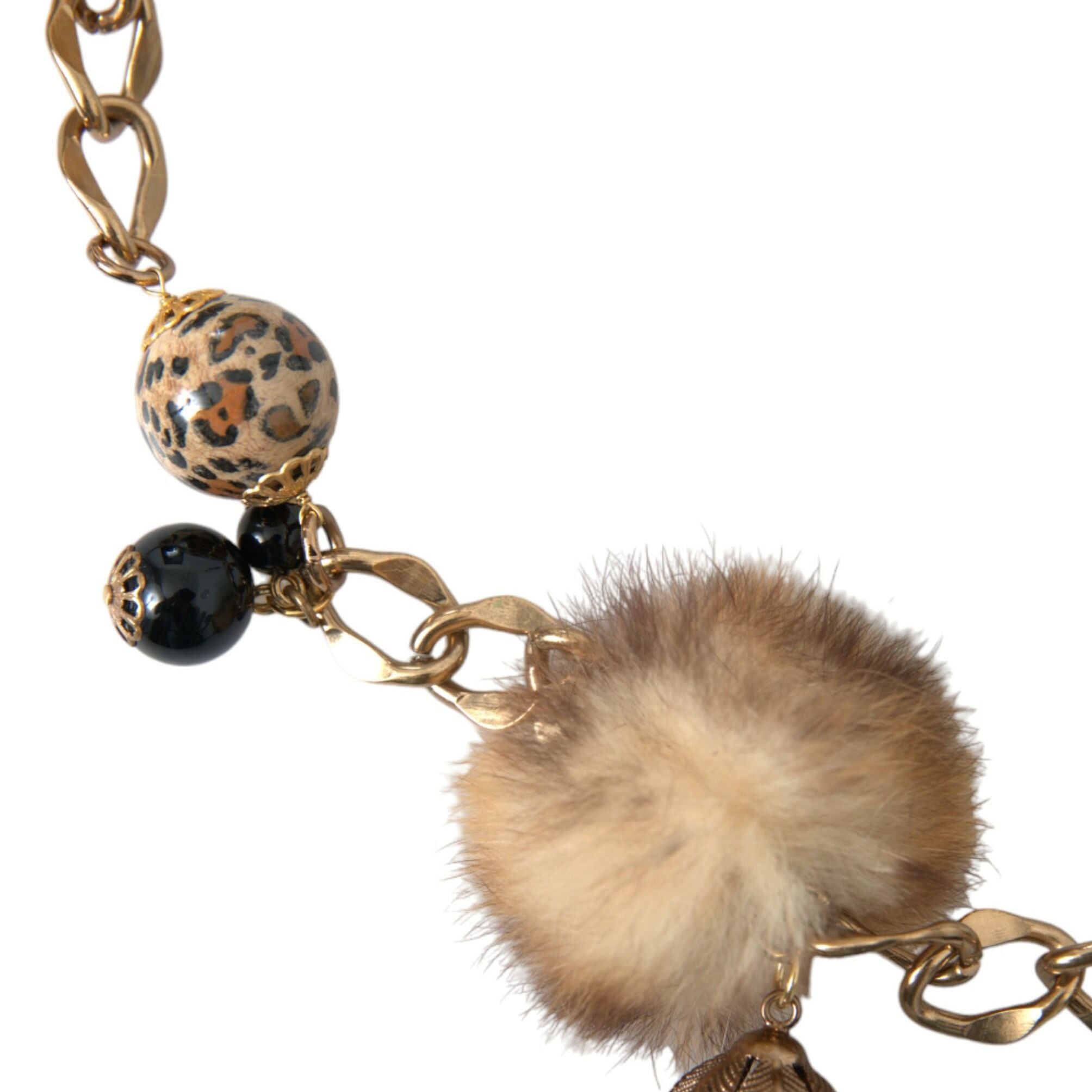 Dolce & Gabbana Gold Brass Leopard Fur Pearl Collier Chain Belt