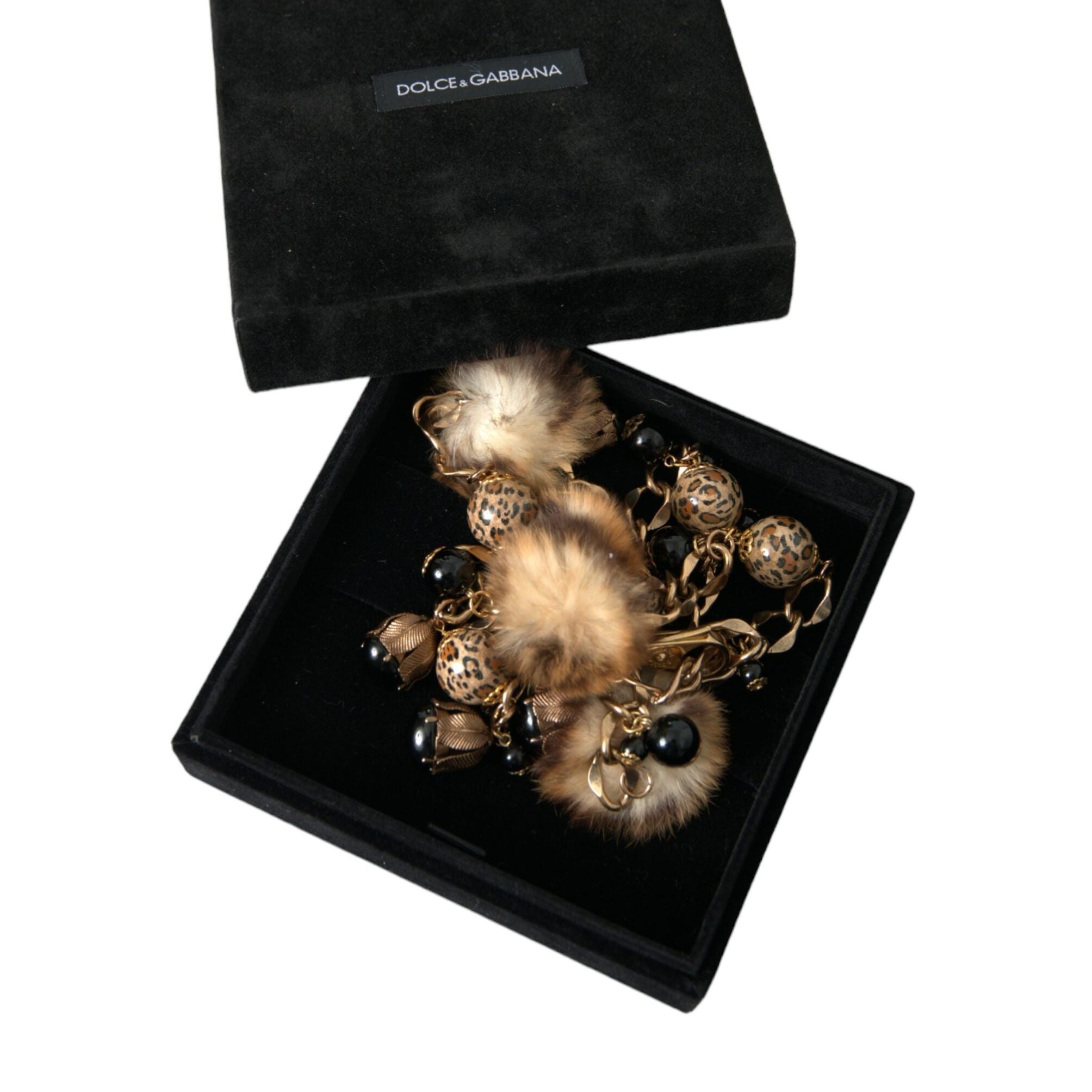 Dolce & Gabbana Gold Brass Leopard Fur Pearl Collier Chain Belt