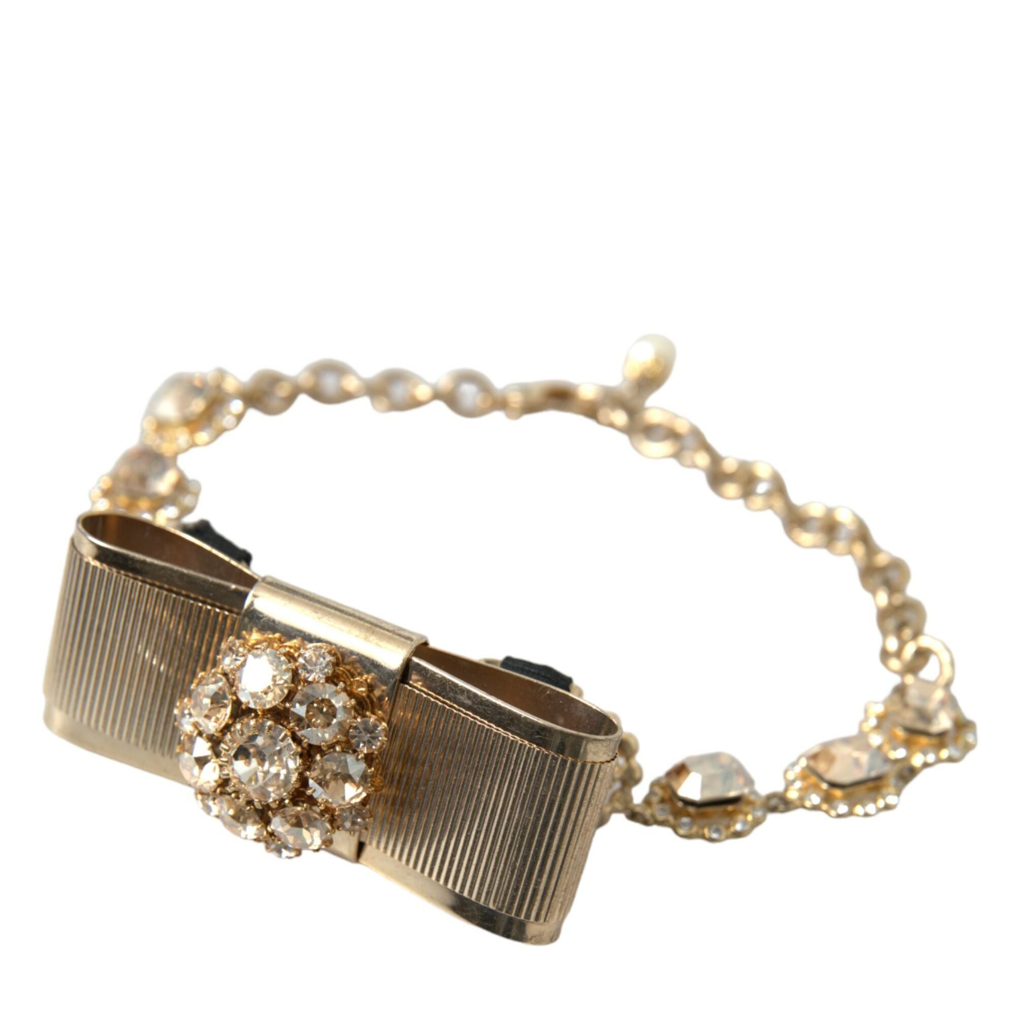 Dolce & Gabbana Gold Brass Clear Crystal Bow Chain Choker Necklace