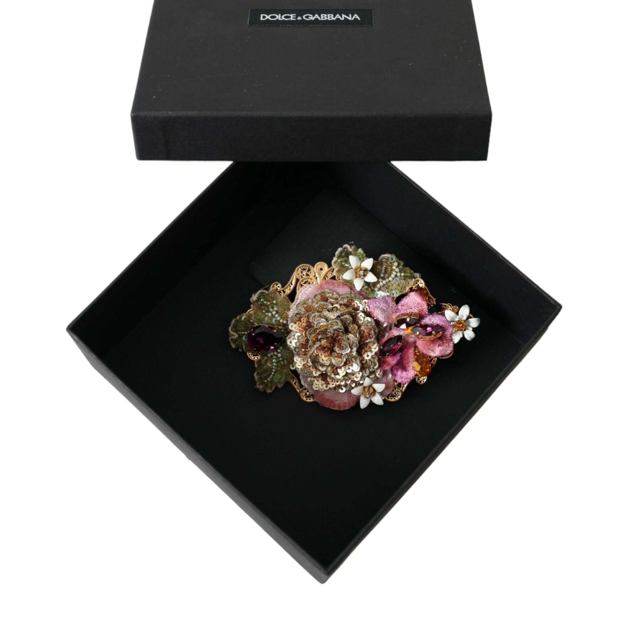 Dolce & Gabbana Gold Brass Floral Crystal Sequined Hair Clip