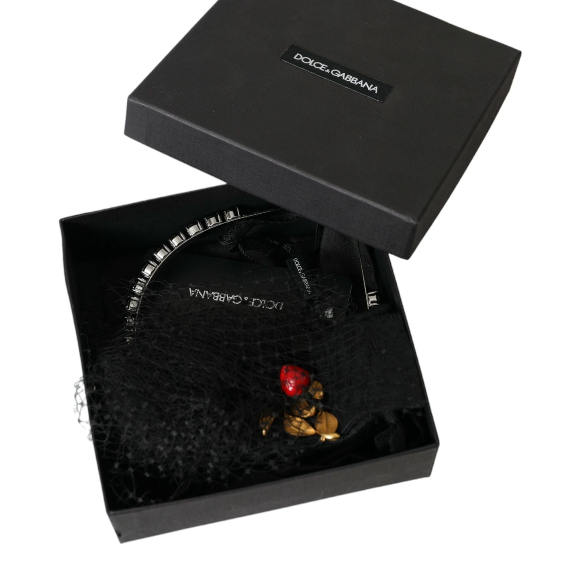 Dolce & Gabbana Black Strawberry Sicily Crystal Mesh Net Headband Diadem