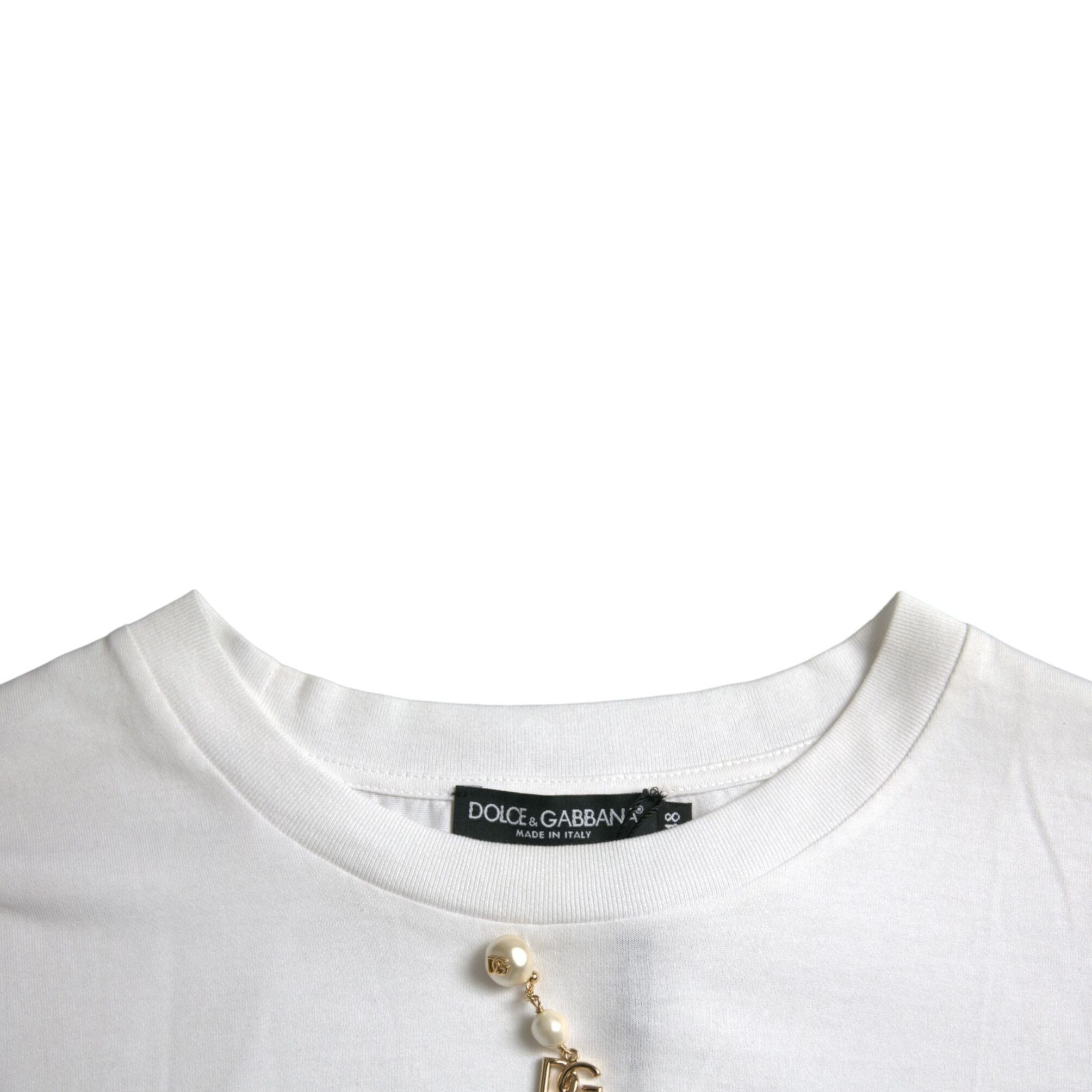 Dolce & Gabbana White Embellished Cotton Crew Neck T-shirt
