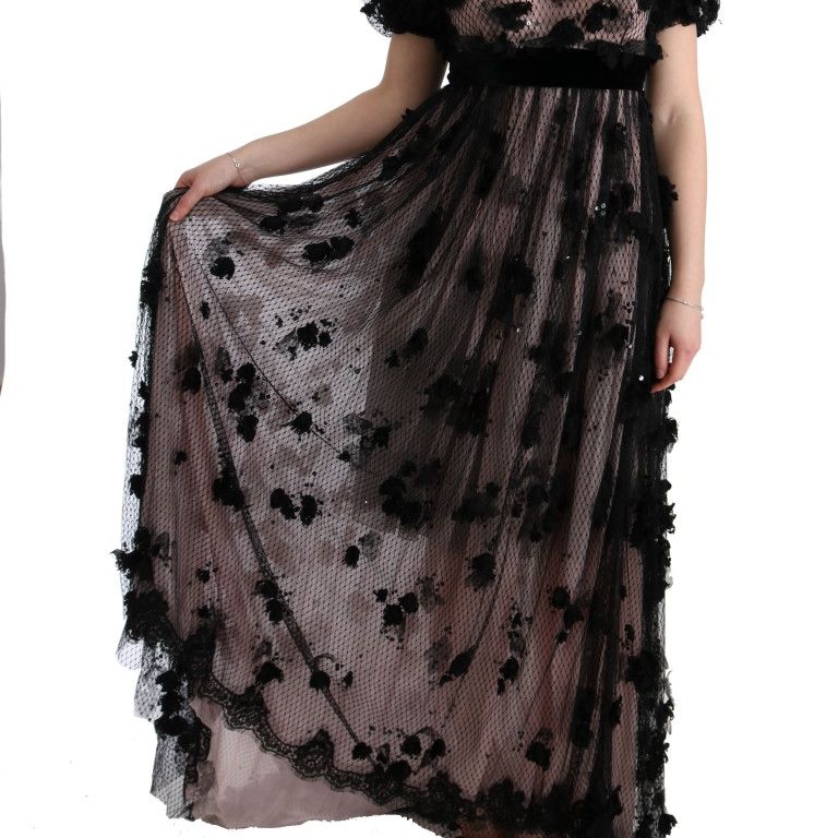Dolce & Gabbana Black Pink Silk Applique Shift Dress