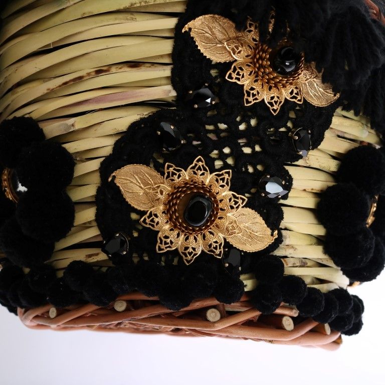 Dolce & Gabbana Beige Straw Snakeskin Pom Pom Crystal AGNESE Bag