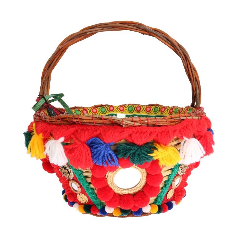 Dolce & Gabbana Multicolor AGNESE Straw Crystal Pom Pom Bag