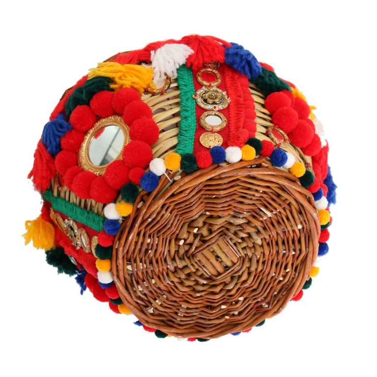 Dolce & Gabbana Multicolor AGNESE Straw Crystal Pom Pom Bag