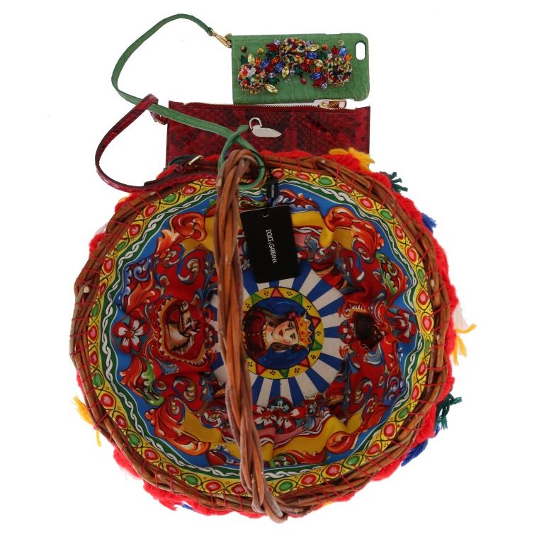 Dolce & Gabbana Multicolor AGNESE Straw Crystal Pom Pom Bag