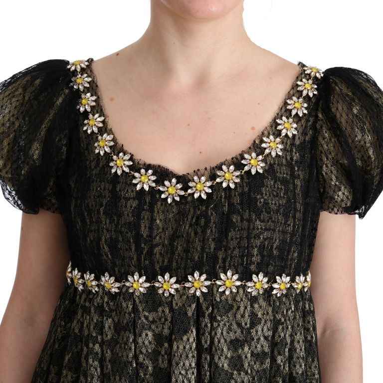 Dolce & Gabbana Black Yellow Crystal Lace Shift Dress