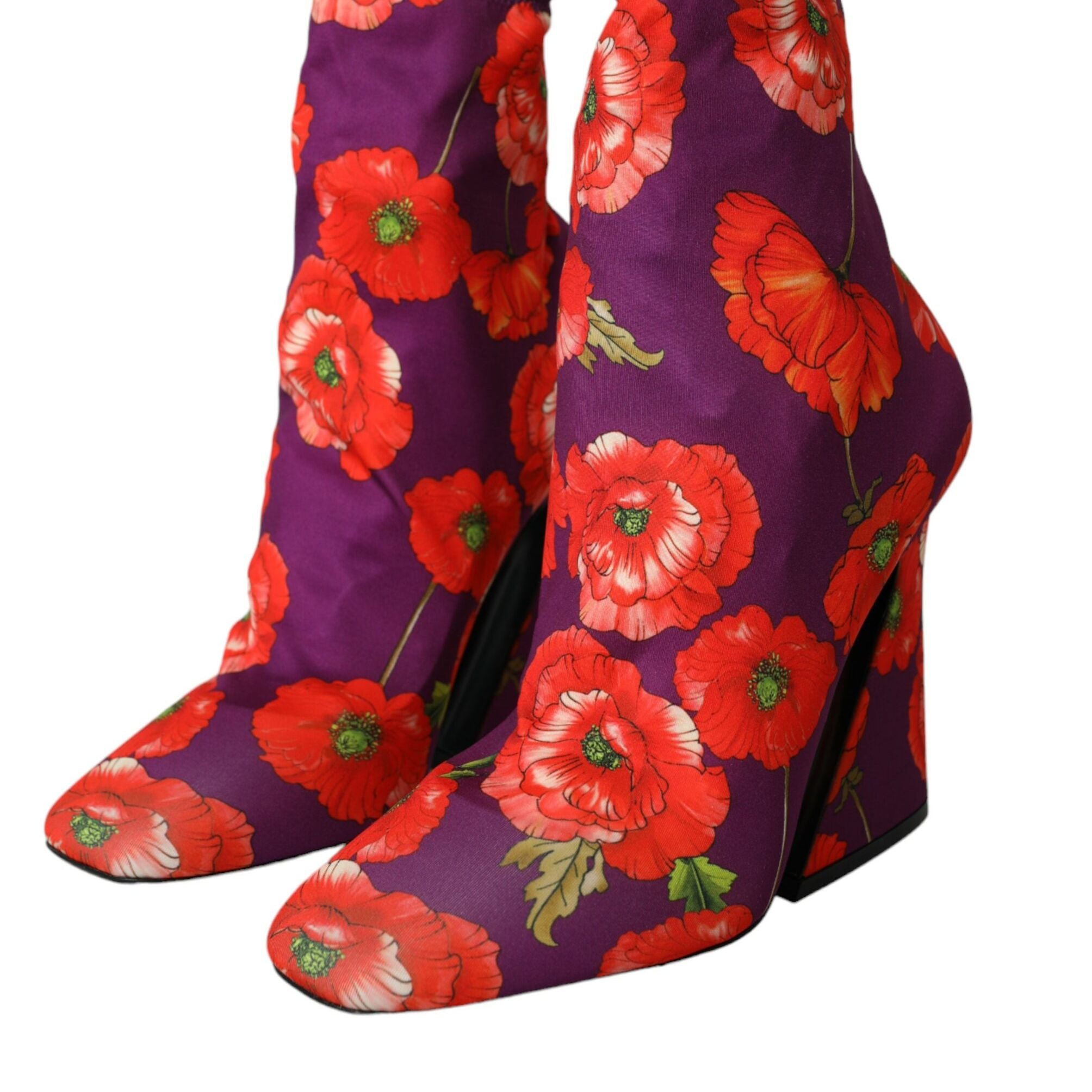 Dolce & Gabbana Purple Floral Jersey Stretch Boots Shoes